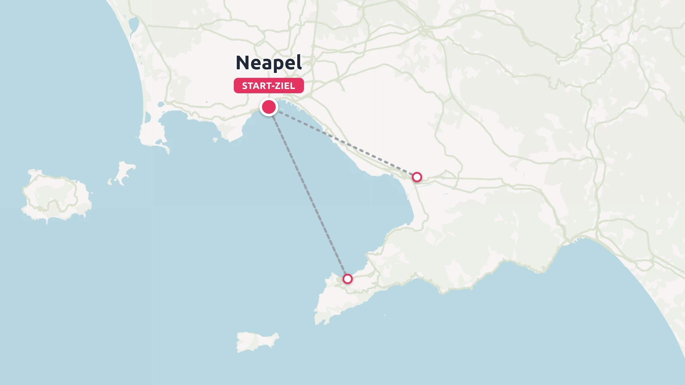 Eine Reiseroute, die Neapel als Start- und Endziel an der Küste markiert