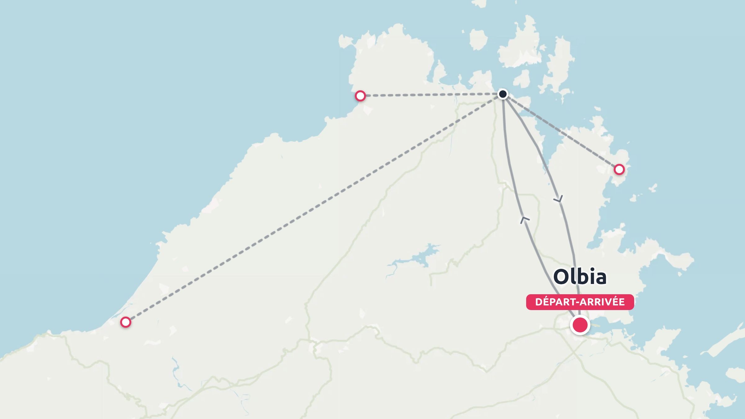 Carte d'itinéraire de voyage du nord de la Sardaigne avec des lignes de parcours reliant divers points côtiers commençant et se terminant à Olbia.