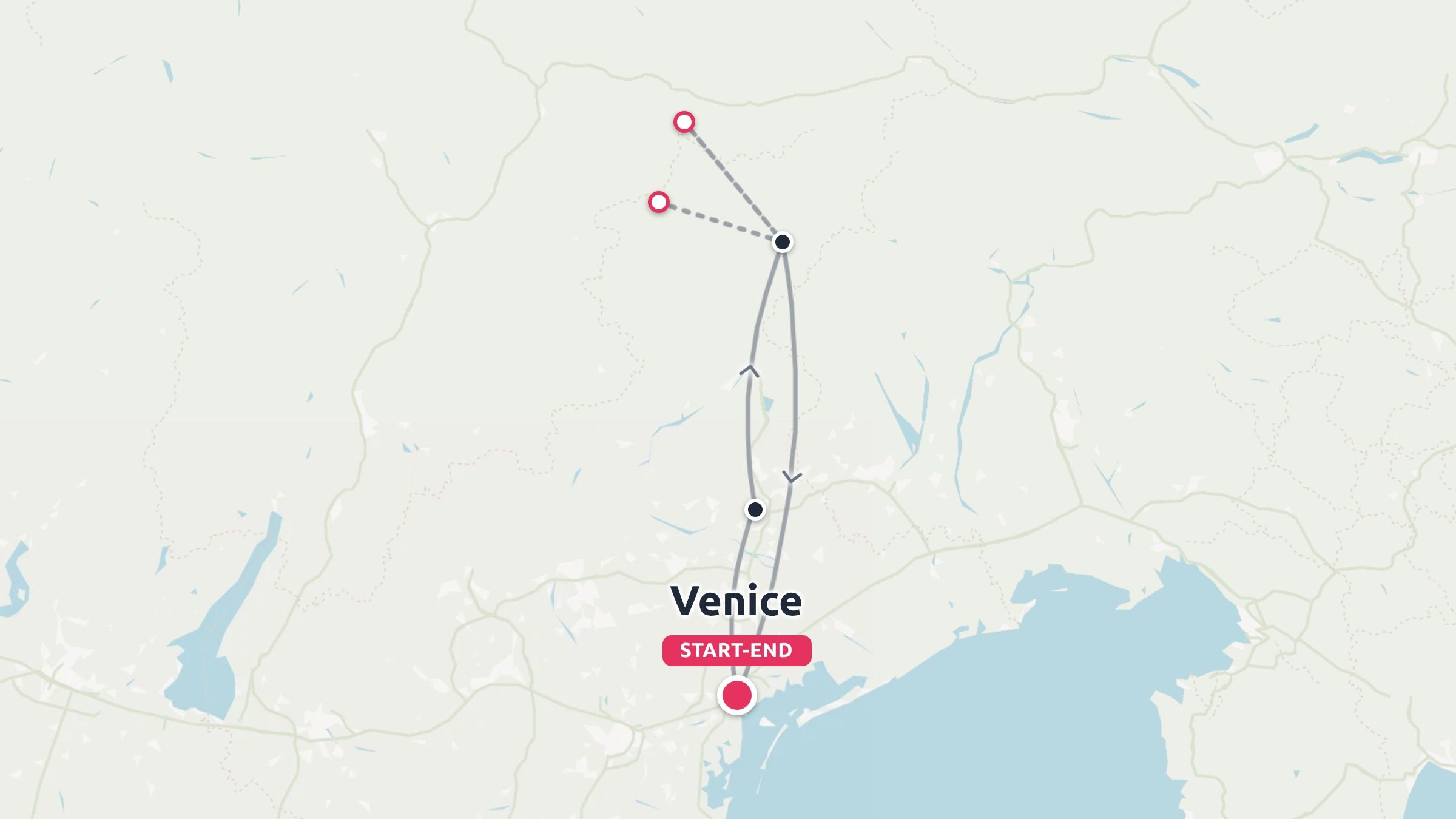 Travel route map showing an itinerary starting and ending in Venice, heading north into mountainous regions.