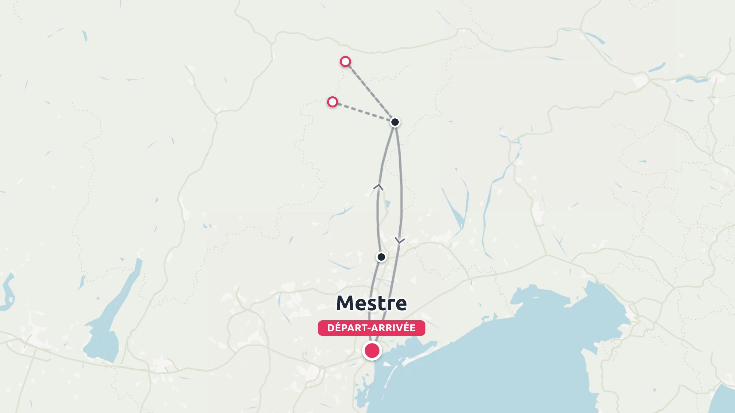 Carte d'itinéraire de voyage présentant un parcours débutant et se terminant à Mestre avec des étapes vers le nord.