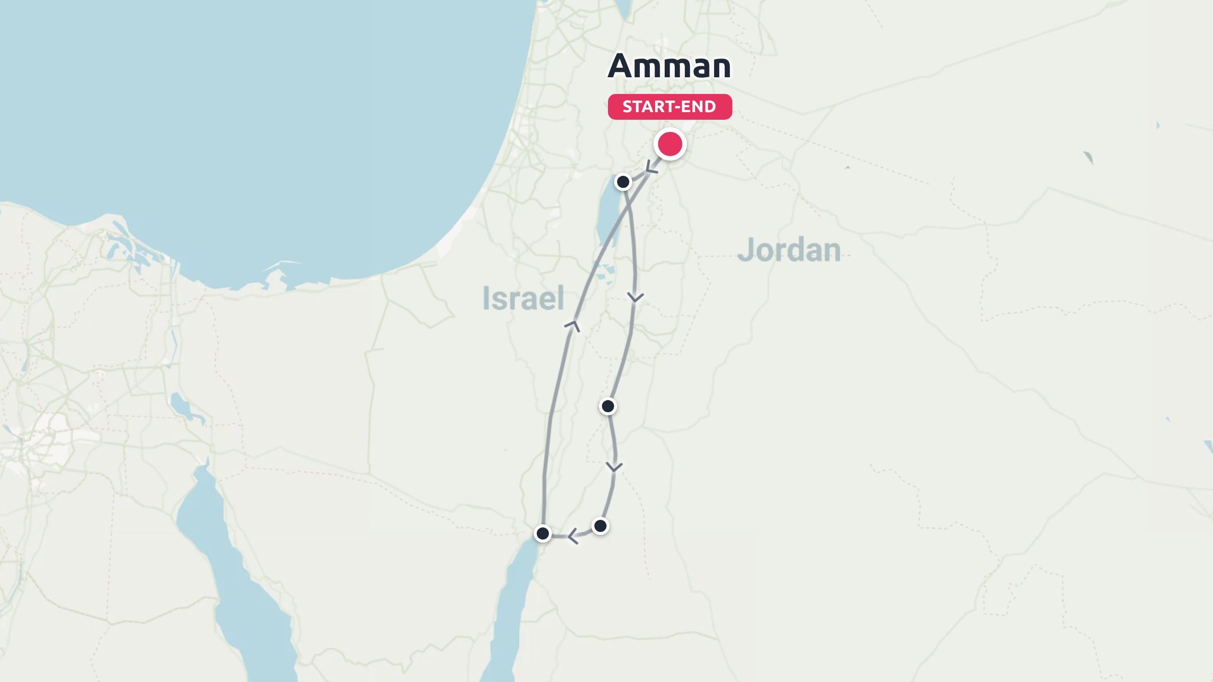 Travel route map starting and ending in Amman, looping through Jordan and bordering areas near Israel.