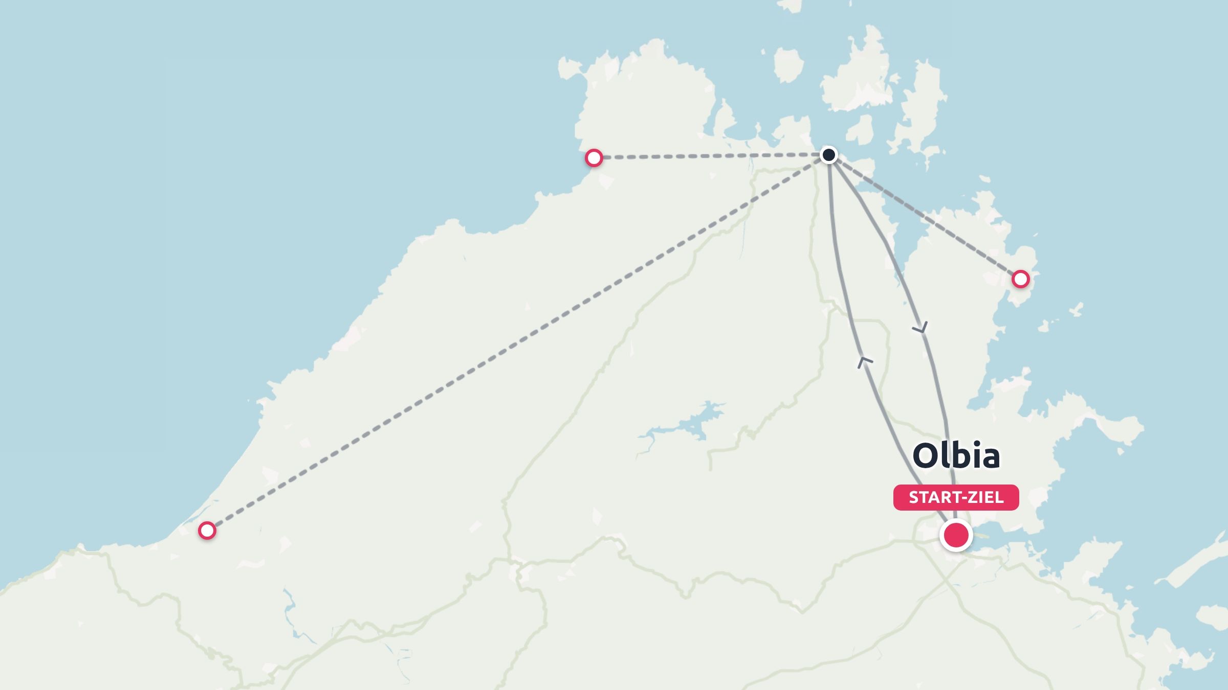Eine Reiseroute, die Routen durch Nordsardinien zeigt, mit Olbia als Start- und Endziel.