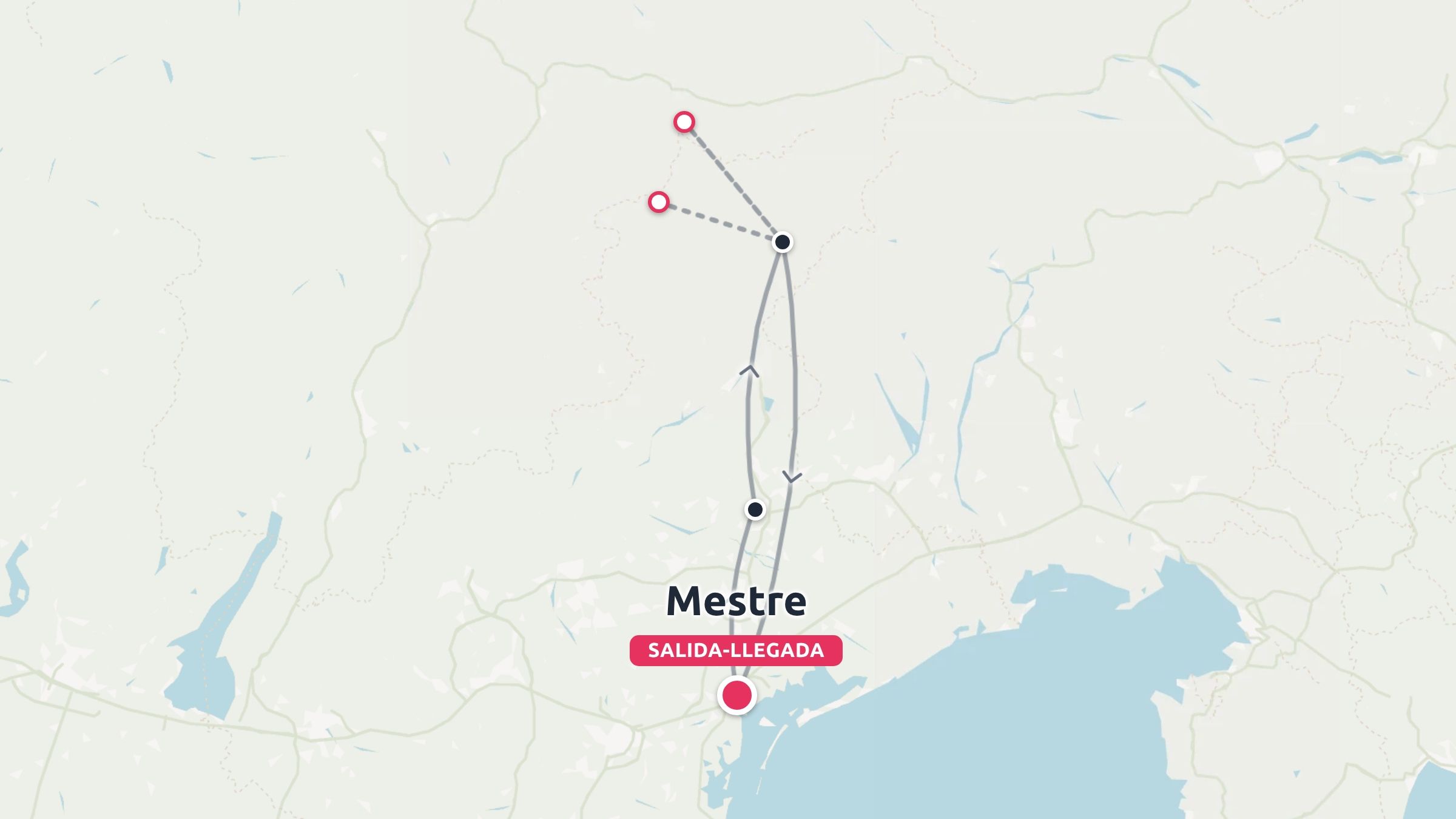 Mapa de la ruta de viaje que muestra un itinerario de ida y vuelta que empieza y termina en Mestre, Italia.