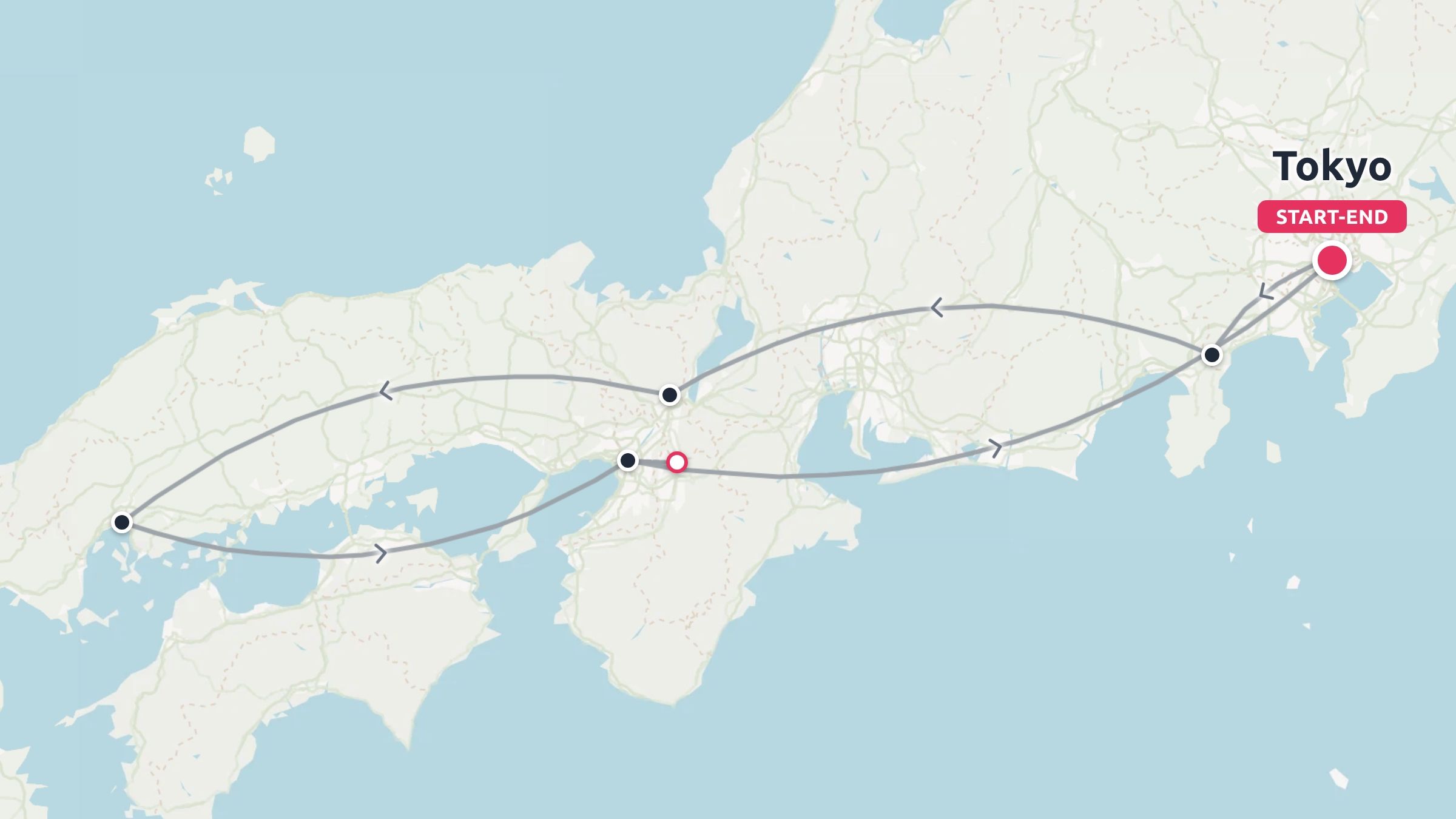A travel itinerary map across Japan showing a loop route starting and ending in Tokyo.