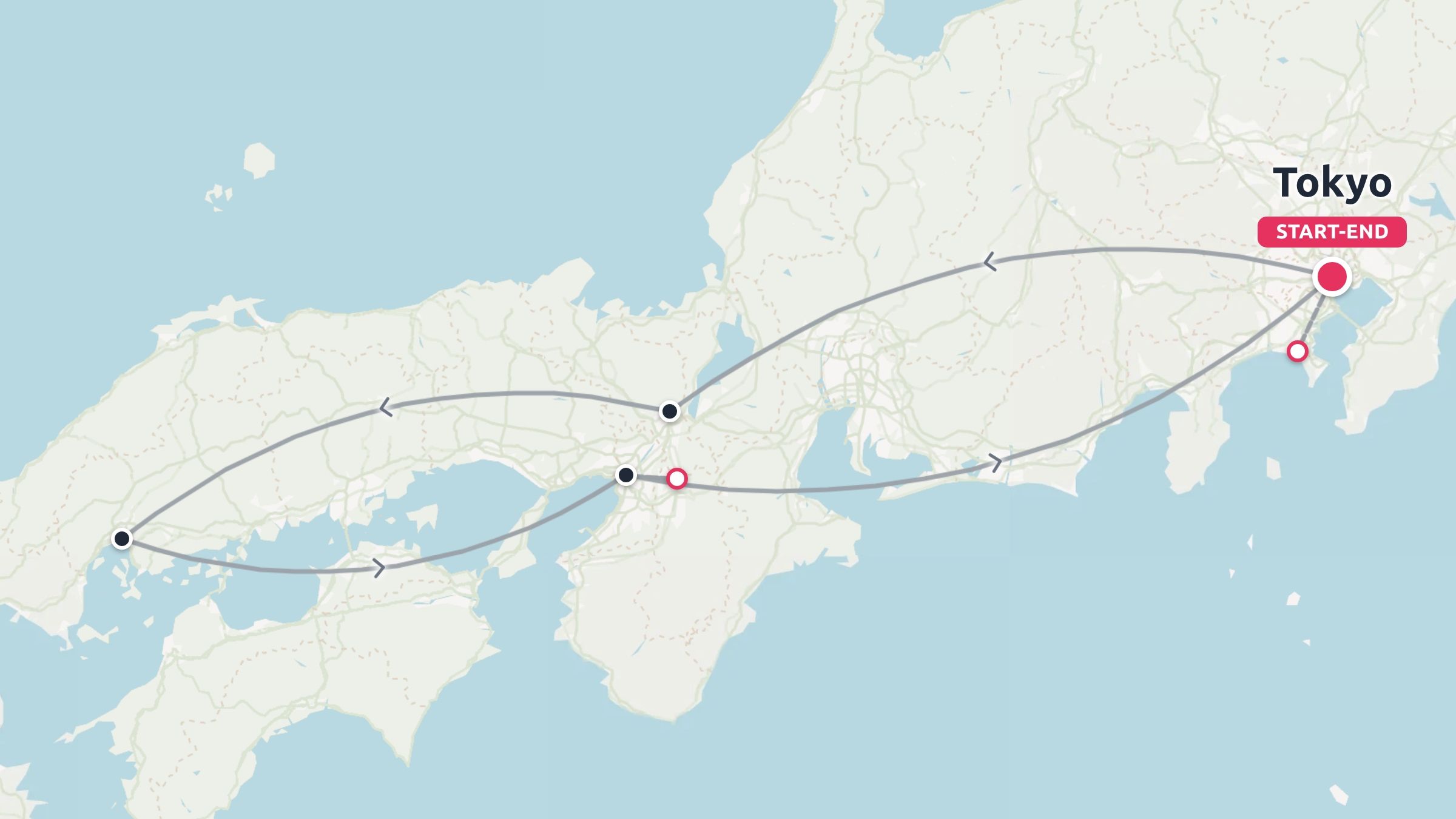 A travel route map of Japan showing an itinerary looping through multiple stops, starting and ending in Tokyo.
