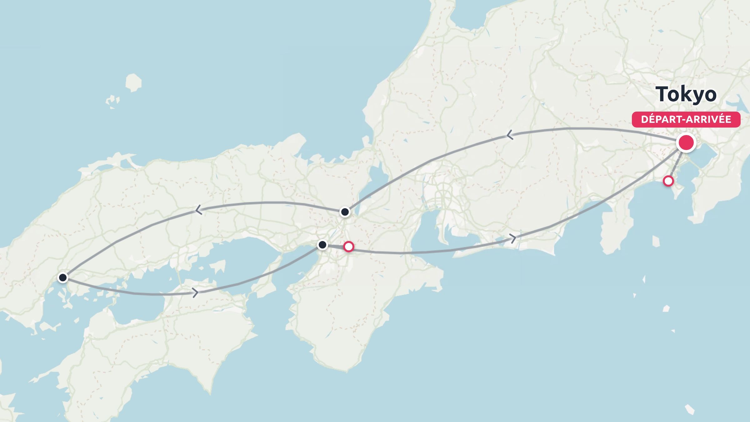 Une carte d'itinéraire de voyage au Japon indiquant un parcours commençant et se terminant à Tokyo