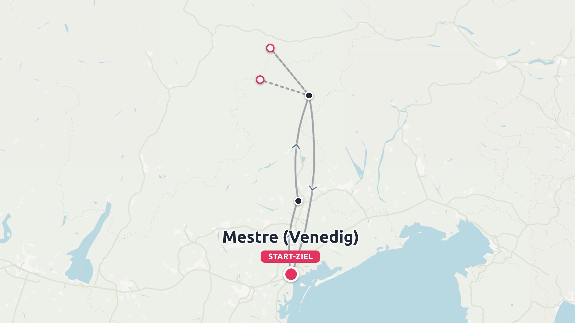 Reiseroute mit Start und Ziel in Mestre (Venedig), Italien, die nach Norden mit mehreren Zwischenstopps führt.