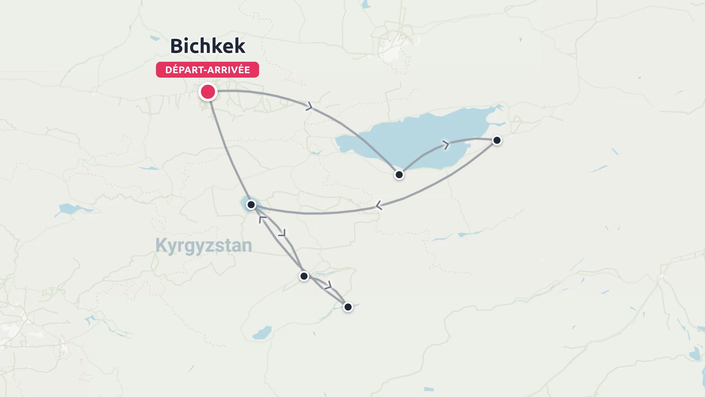 Un itineraire de voyage au Kirghizistan au depart et a l'arrivee de Bichkek avec des etapes autour d'un lac et dans les regions du sud