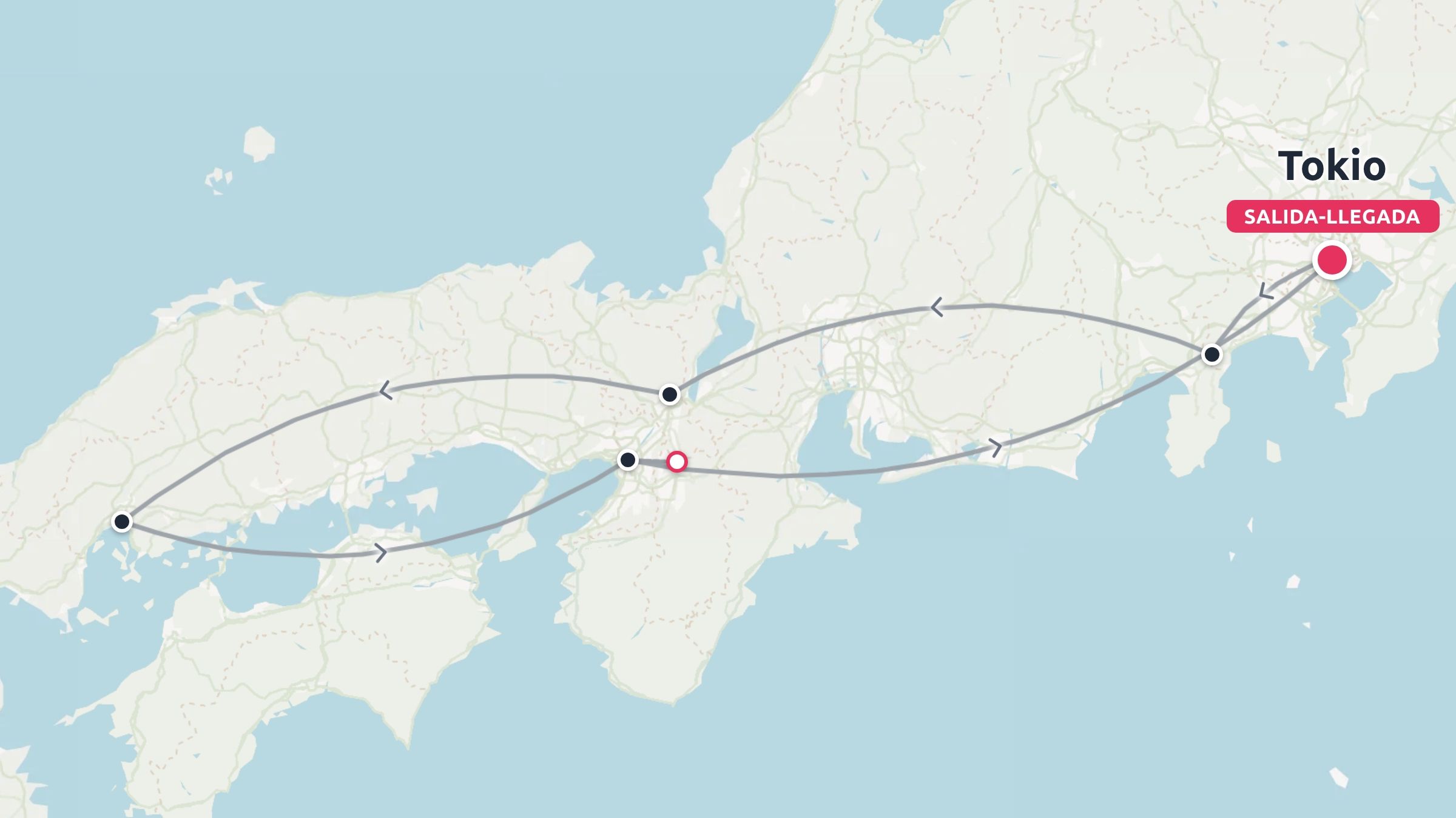 Una ruta de viaje por Japón, empezando y terminando en Tokio con múltiples paradas en el camino.
