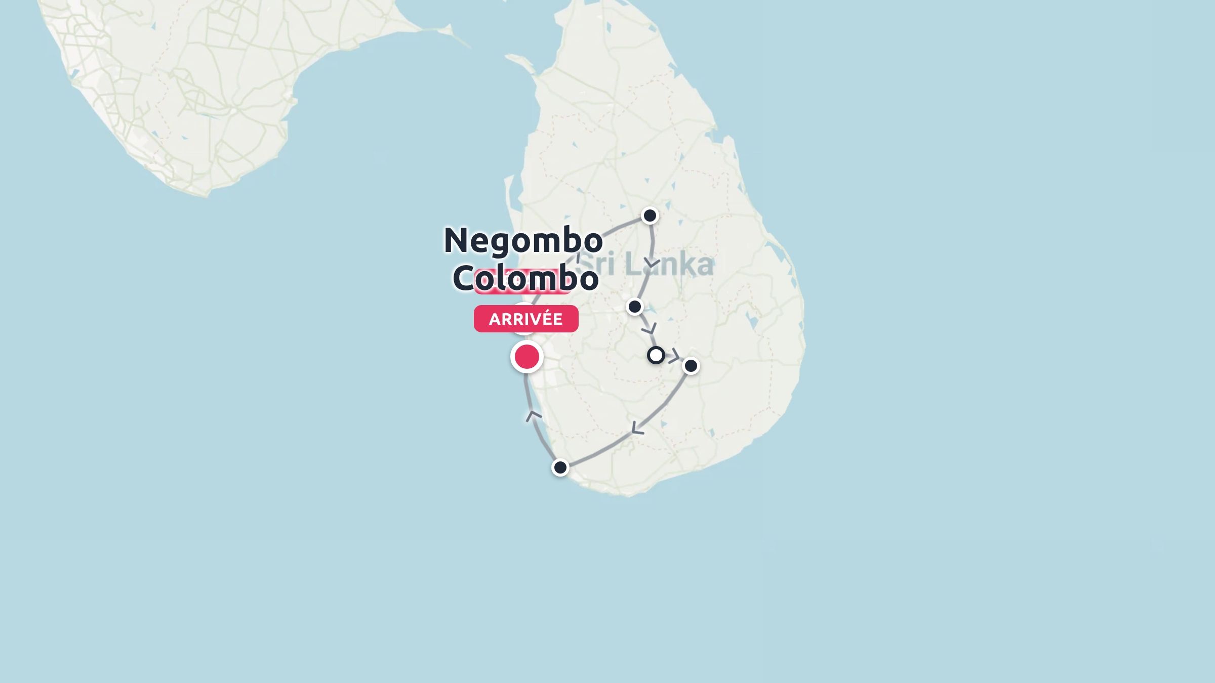 Une carte du Sri Lanka présentant un itinéraire de voyage circulaire commençant à Negombo et se terminant à Colombo.