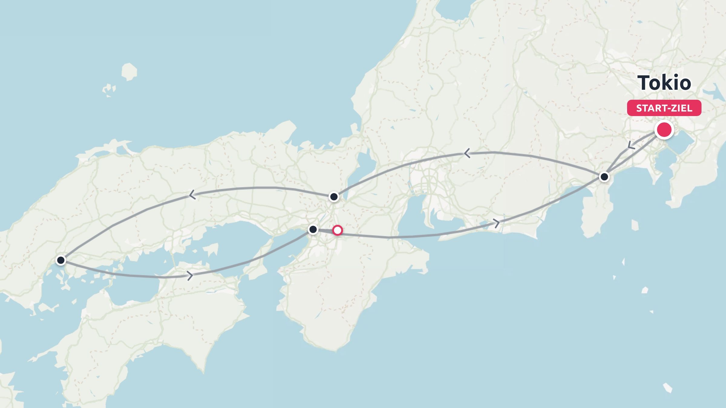 Reiseroute durch Japan mit Start und Ziel in Tokio, markierten Reisezielen und Richtungspfeilen