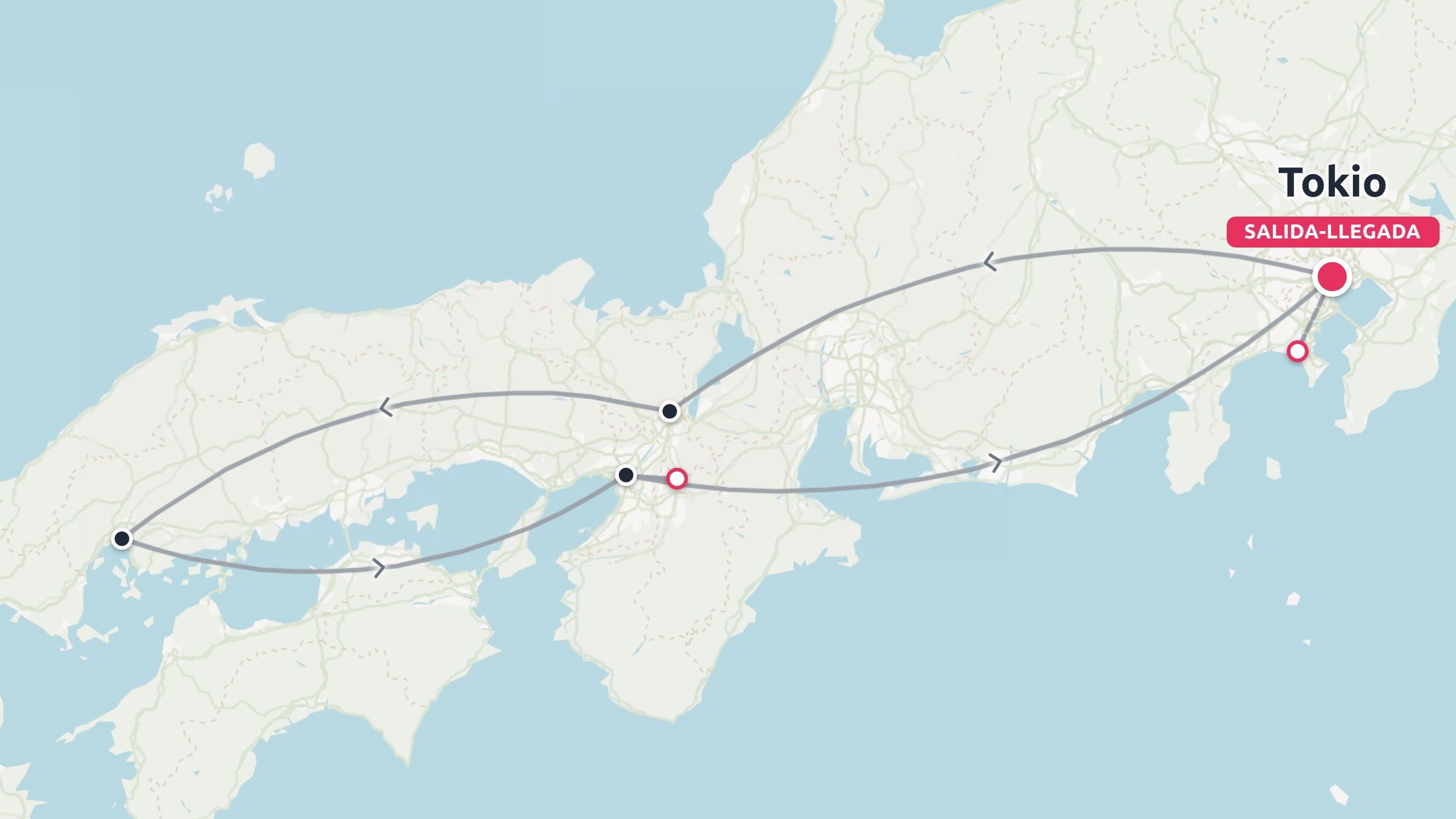 Un mapa de ruta de viaje por Japón que muestra los destinos conectados que comienzan y terminan en Tokio.