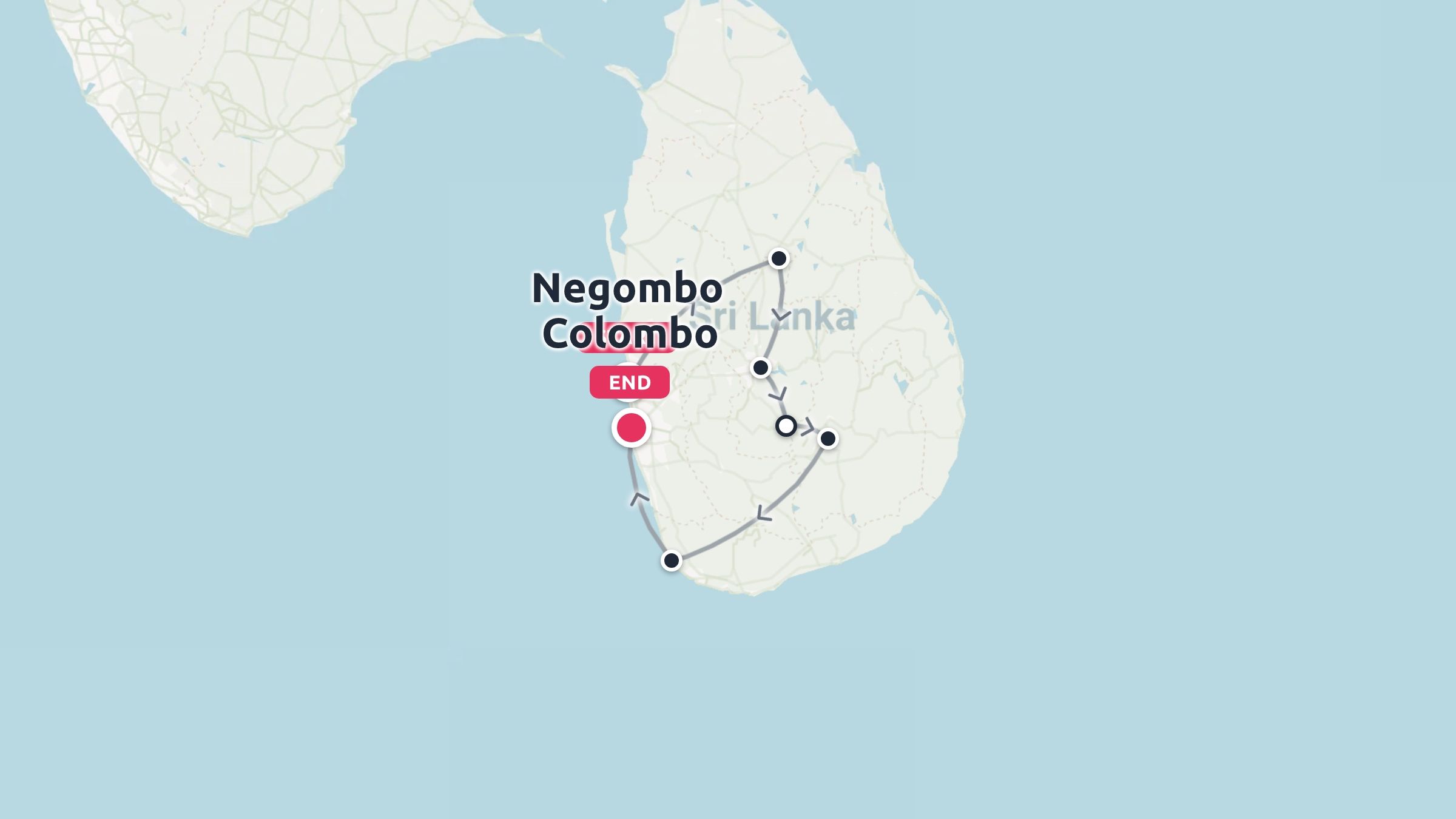 Travel route map of Sri Lanka showing an itinerary connecting multiple waypoints and ending at Negombo and Colombo.