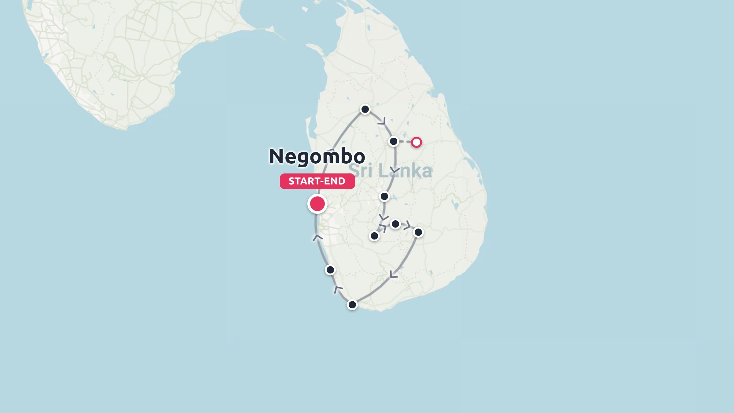 Travel route map of Sri Lanka with a circular itinerary starting and ending in Negombo.