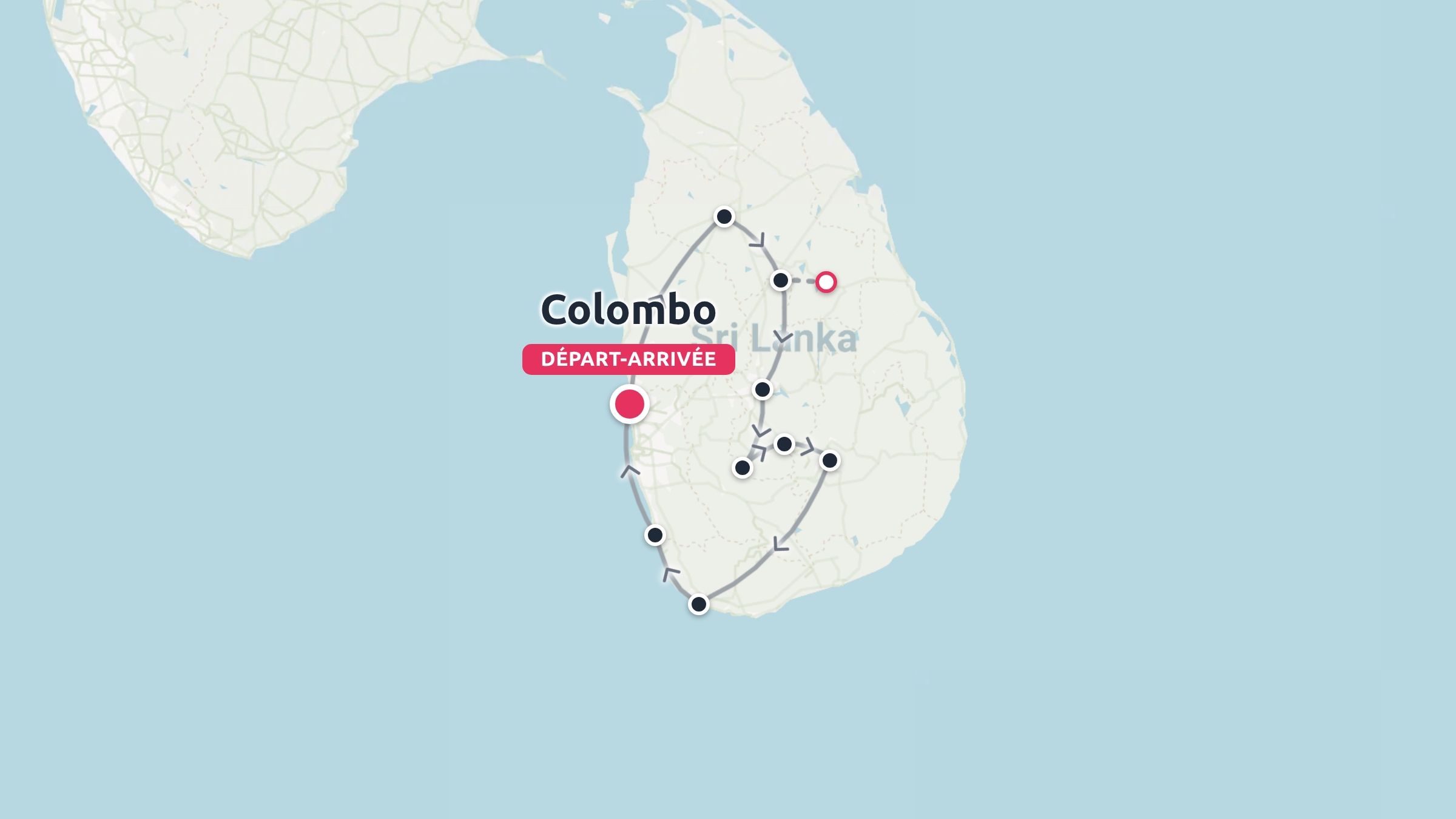 Une carte d'itinéraire de voyage au Sri Lanka montrant un parcours en boucle commençant et se terminant à Colombo.