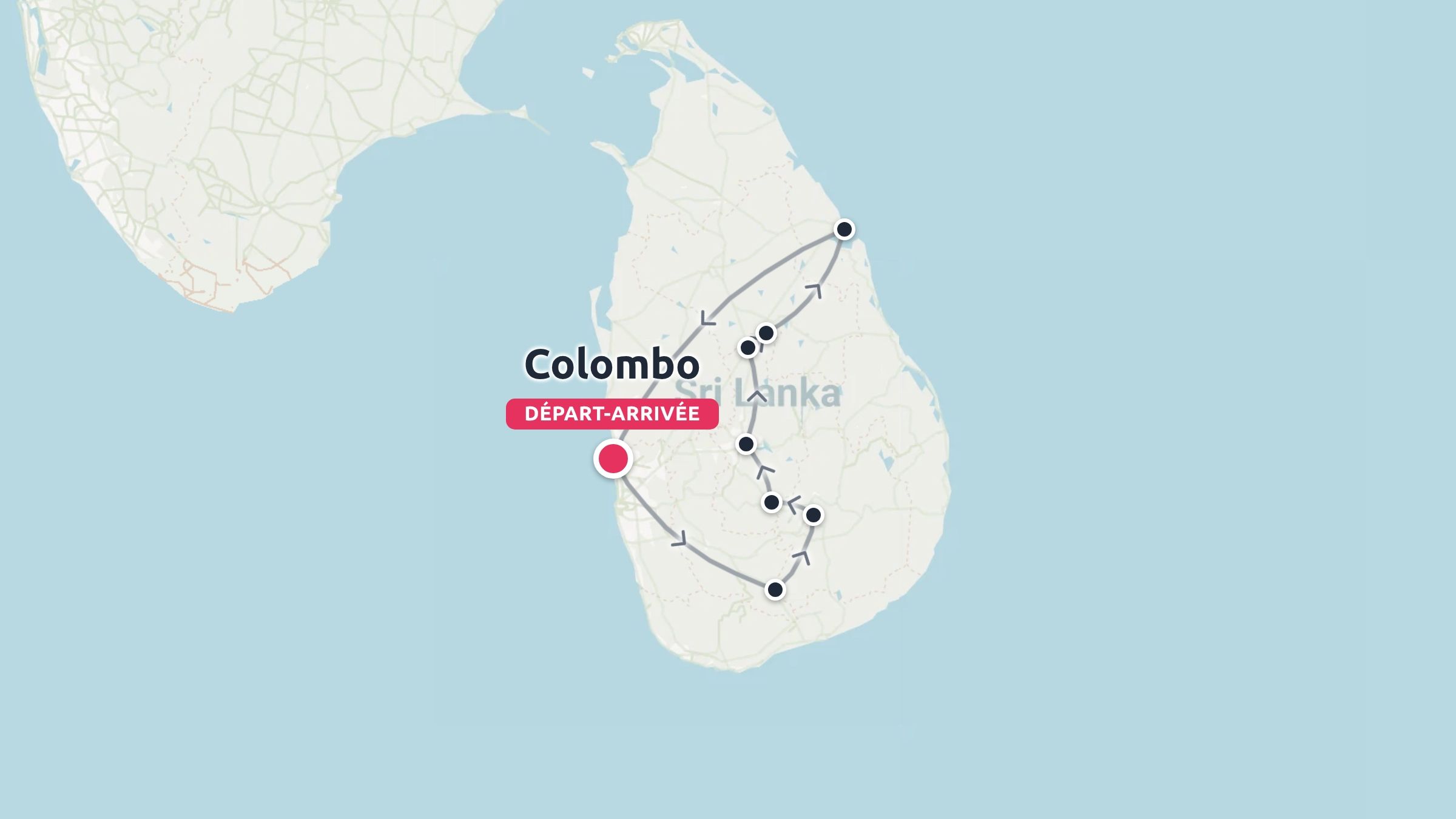 Une carte d'itinéraire de voyage au Sri Lanka présentant un parcours circulaire au départ et à l'arrivée de Colombo.