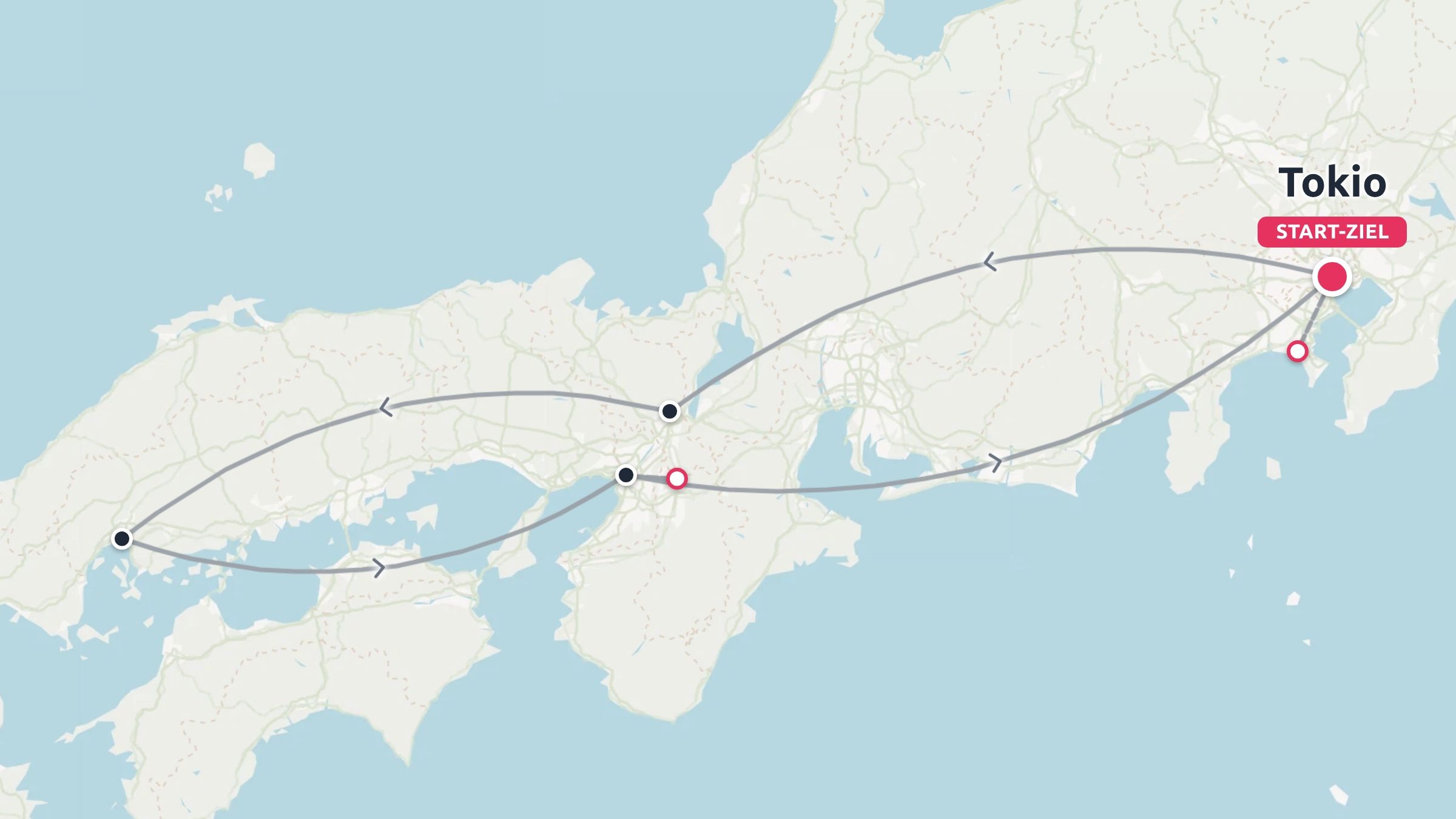 Eine Reiseroutekarte für Japan mit einer Rundreise, die in Tokio beginnt und endet, sowie markierten Reisezielen.