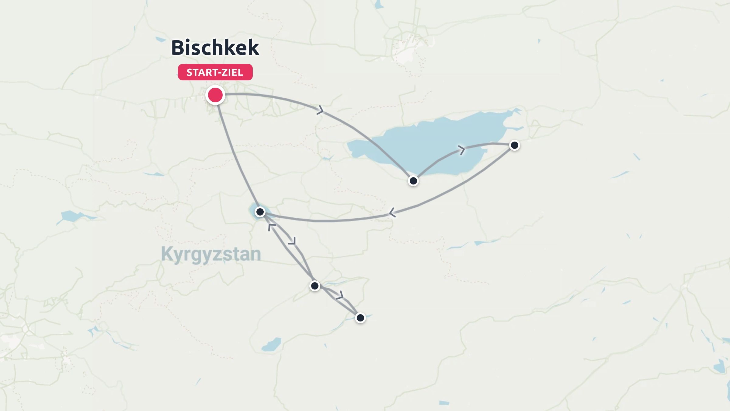 Eine Reiseroute durch Kirgisistan mit einer Rundreise, die in Bischkek beginnt und endet.