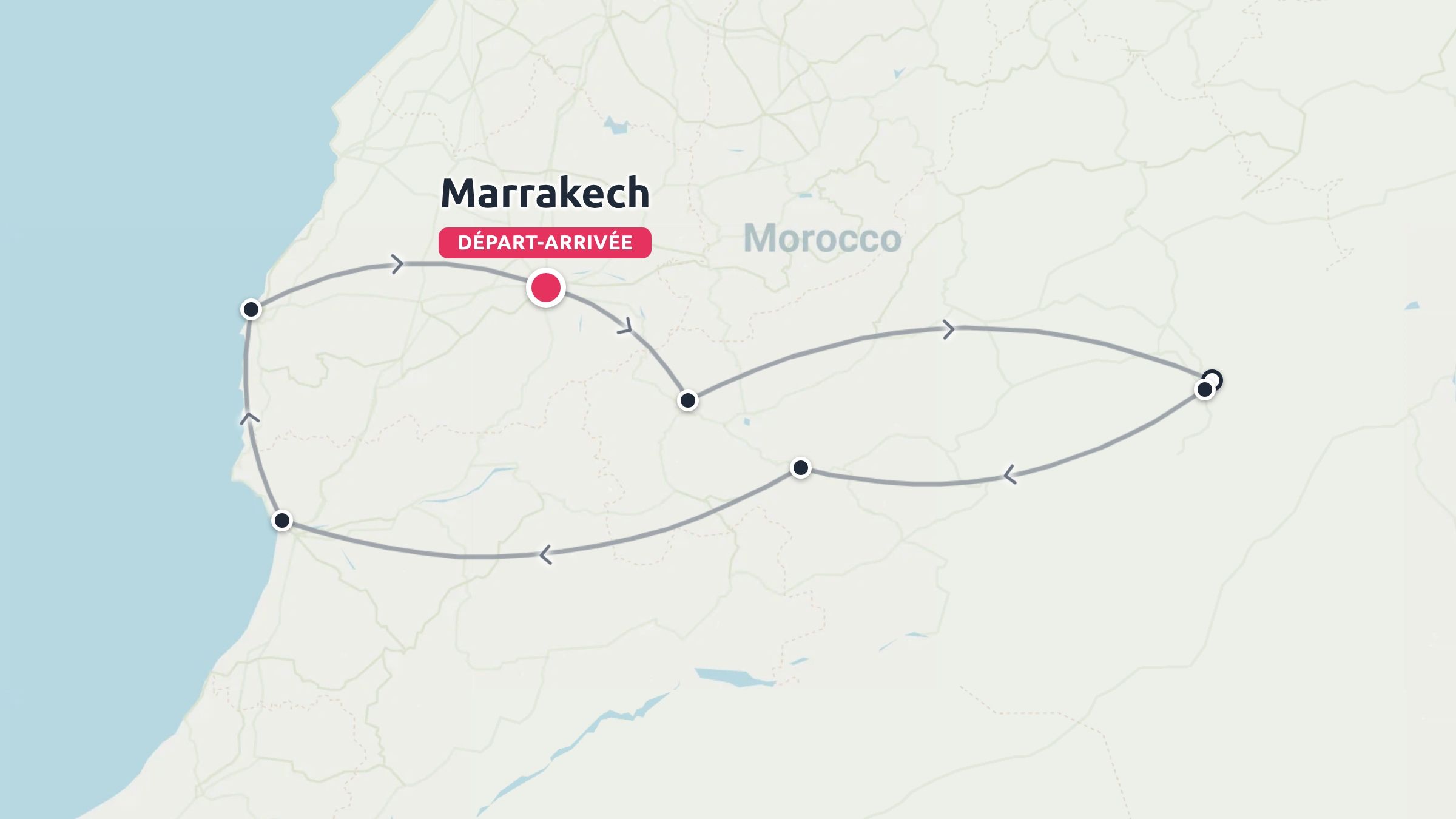 Une carte d'itinéraire de voyage au Maroc montrant un circuit circulaire commençant et se terminant à Marrakech.