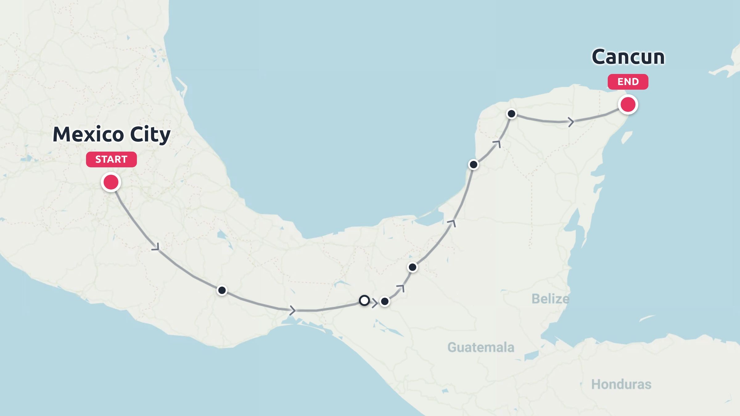Travel route map of Mexico indicating an itinerary starting in Mexico City and ending in Cancun.