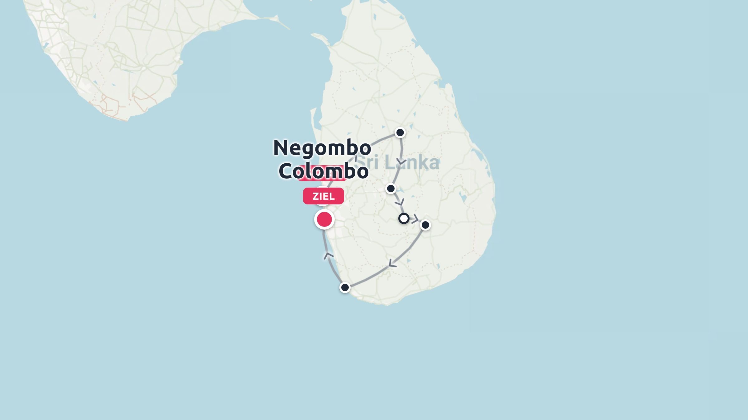 Eine Reiseroute durch Sri Lanka mit Zwischenstopps zwischen Negombo und Colombo.