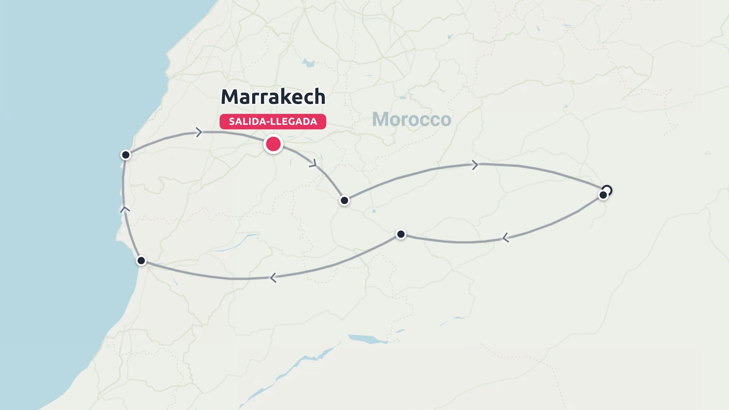 Mapa de ruta de viaje de Marruecos que muestra un itinerario circular que comienza y termina en Marrakech con múltiples paradas