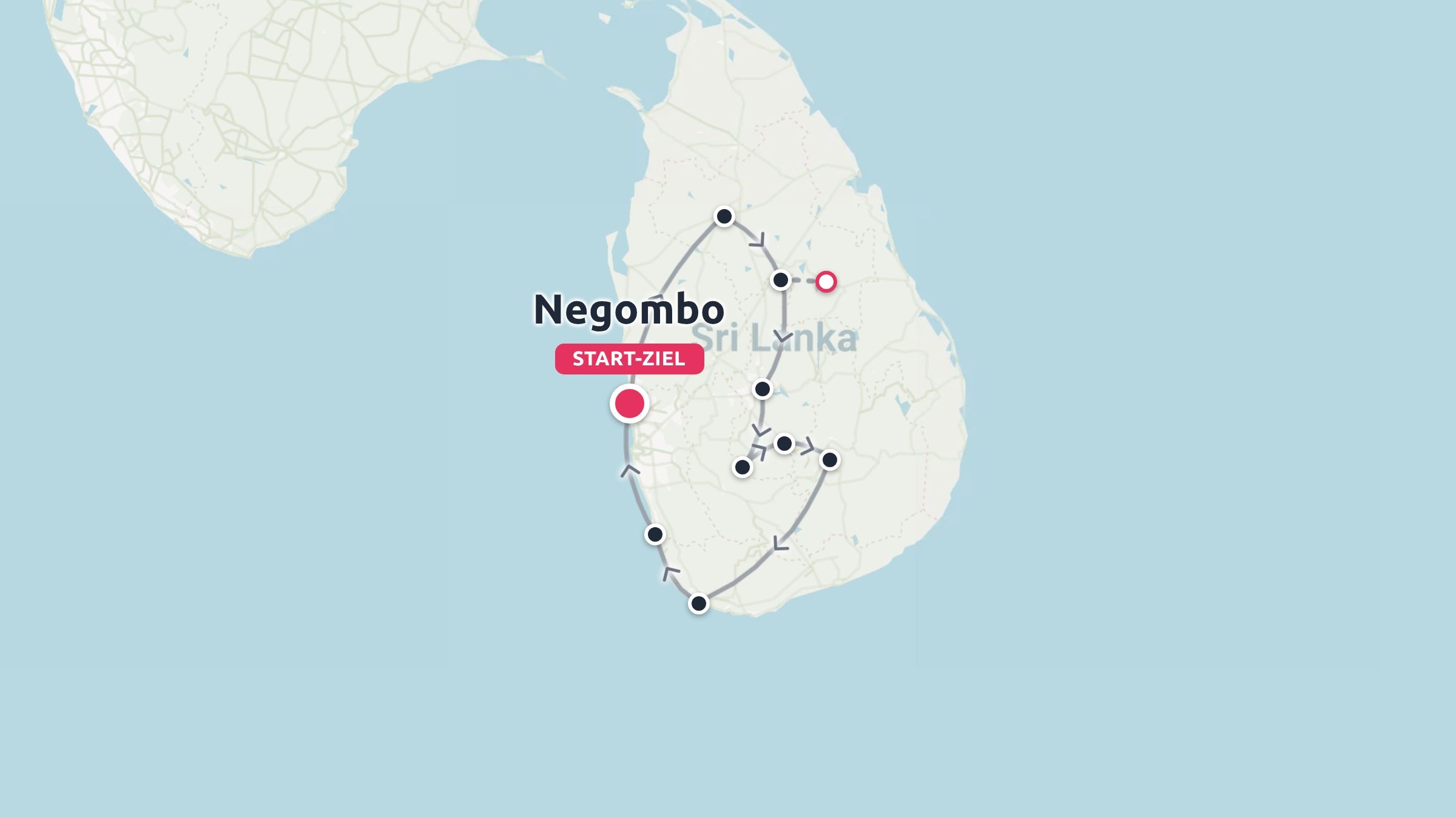 Reiseroute von Sri Lanka mit einer Rundreise, die in Negombo beginnt und endet.