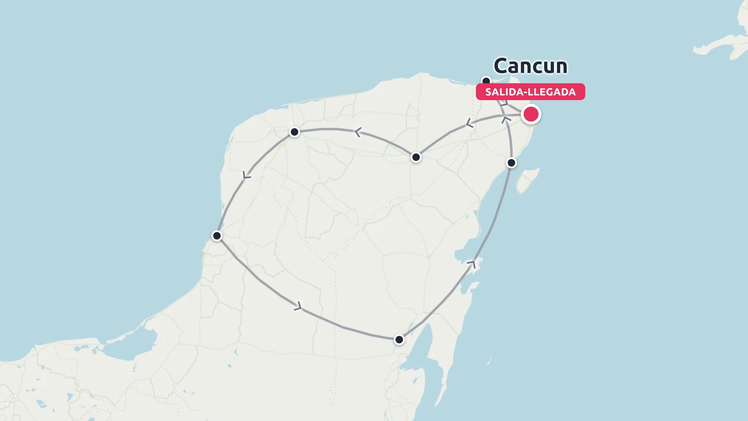 Mapa de ruta de viaje por la península de Yucatán comenzando y terminando en Cancún.