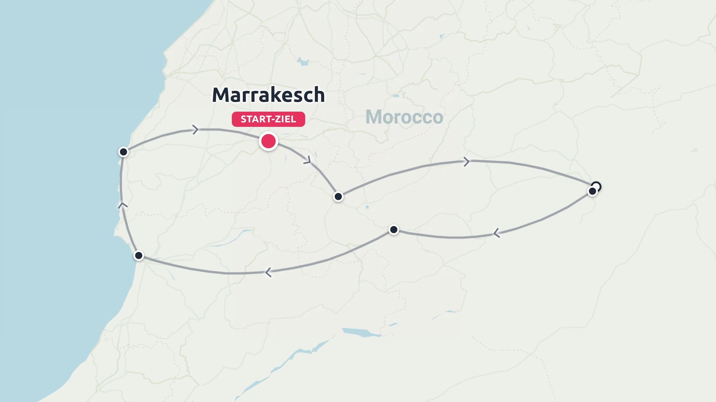 Reiseroute von Marokko mit einer Rundreise, die in Marrakesch beginnt und endet.