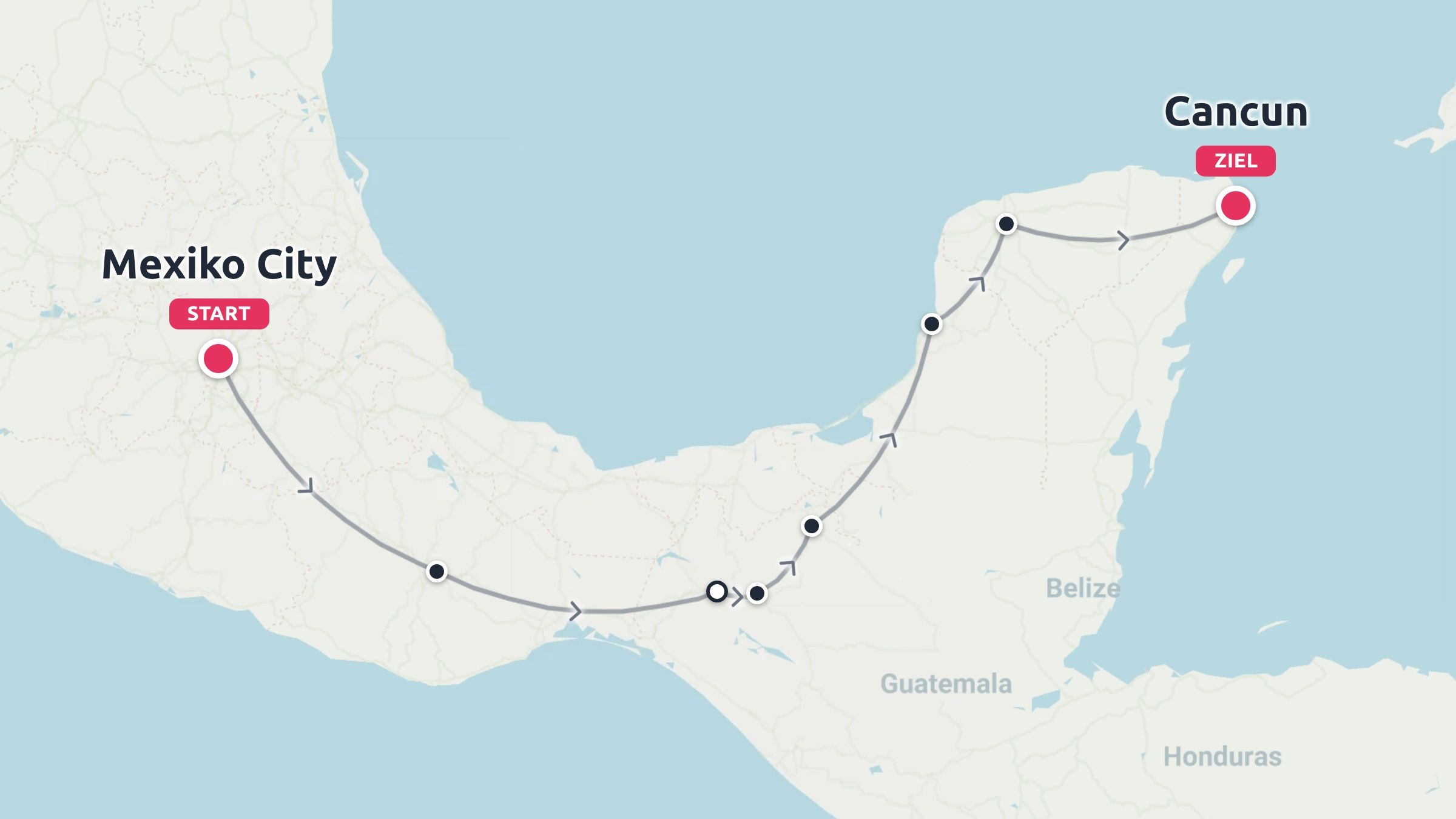 Eine Reiseroute durch den Süden Mexikos, beginnend in Mexiko-Stadt und mit dem Endziel Cancun.
