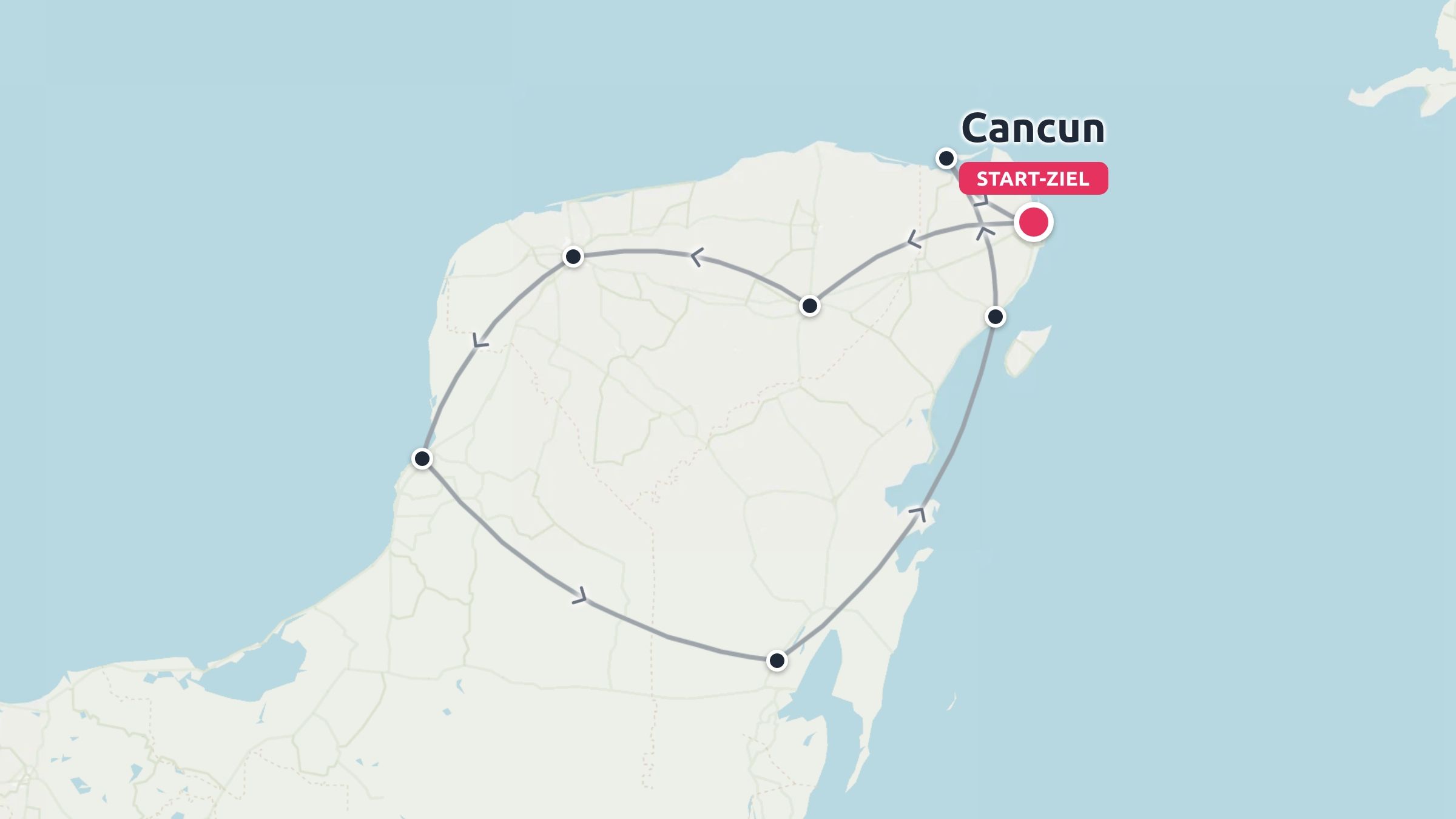 Reiseroute der Yucatán-Halbinsel als Rundreise mit Start und Ziel in Cancun