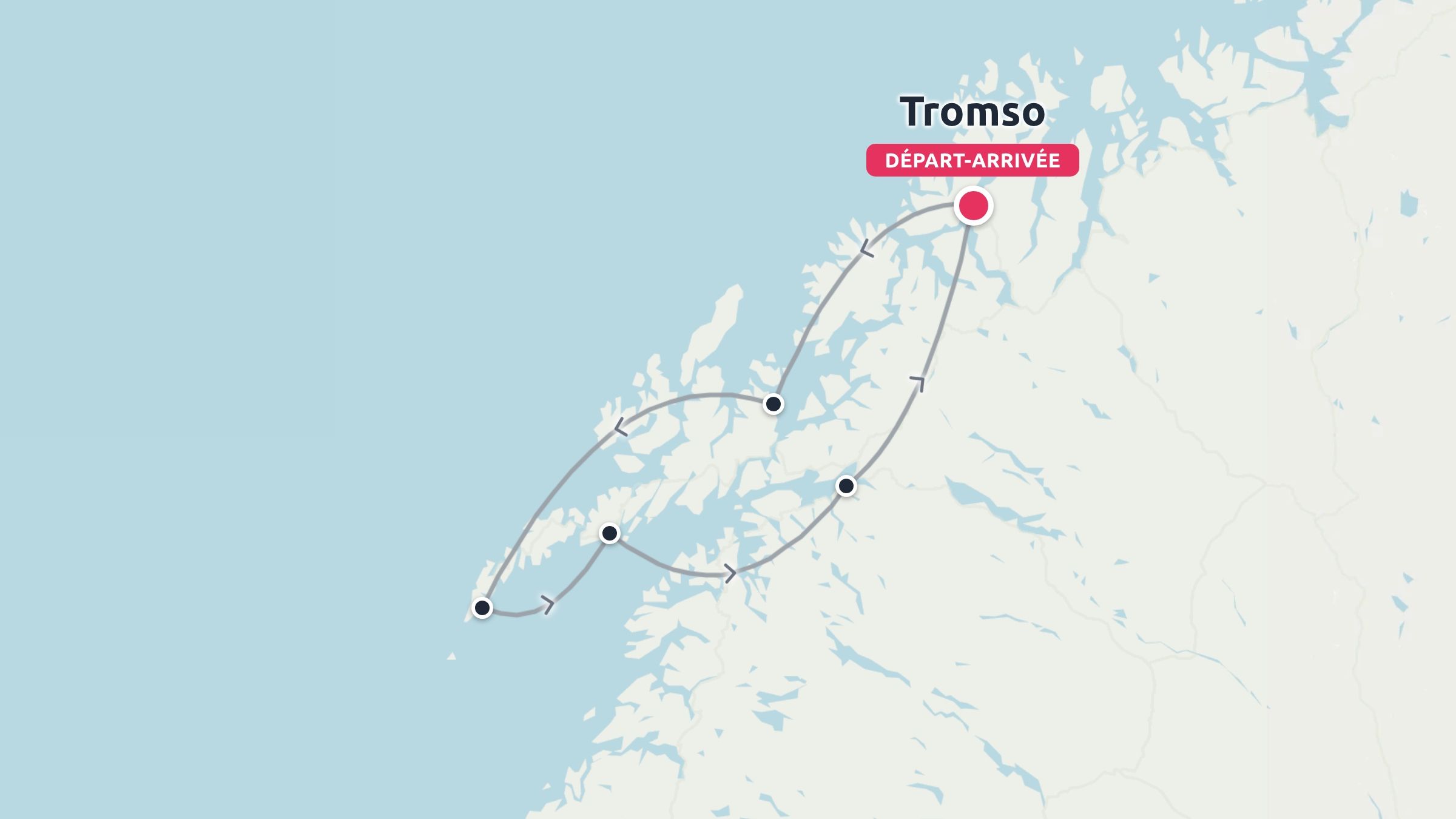Une carte d'itinéraire de voyage présentant un parcours circulaire le long de la côte norvégienne, au départ et à l'arrivée de Tromsø.