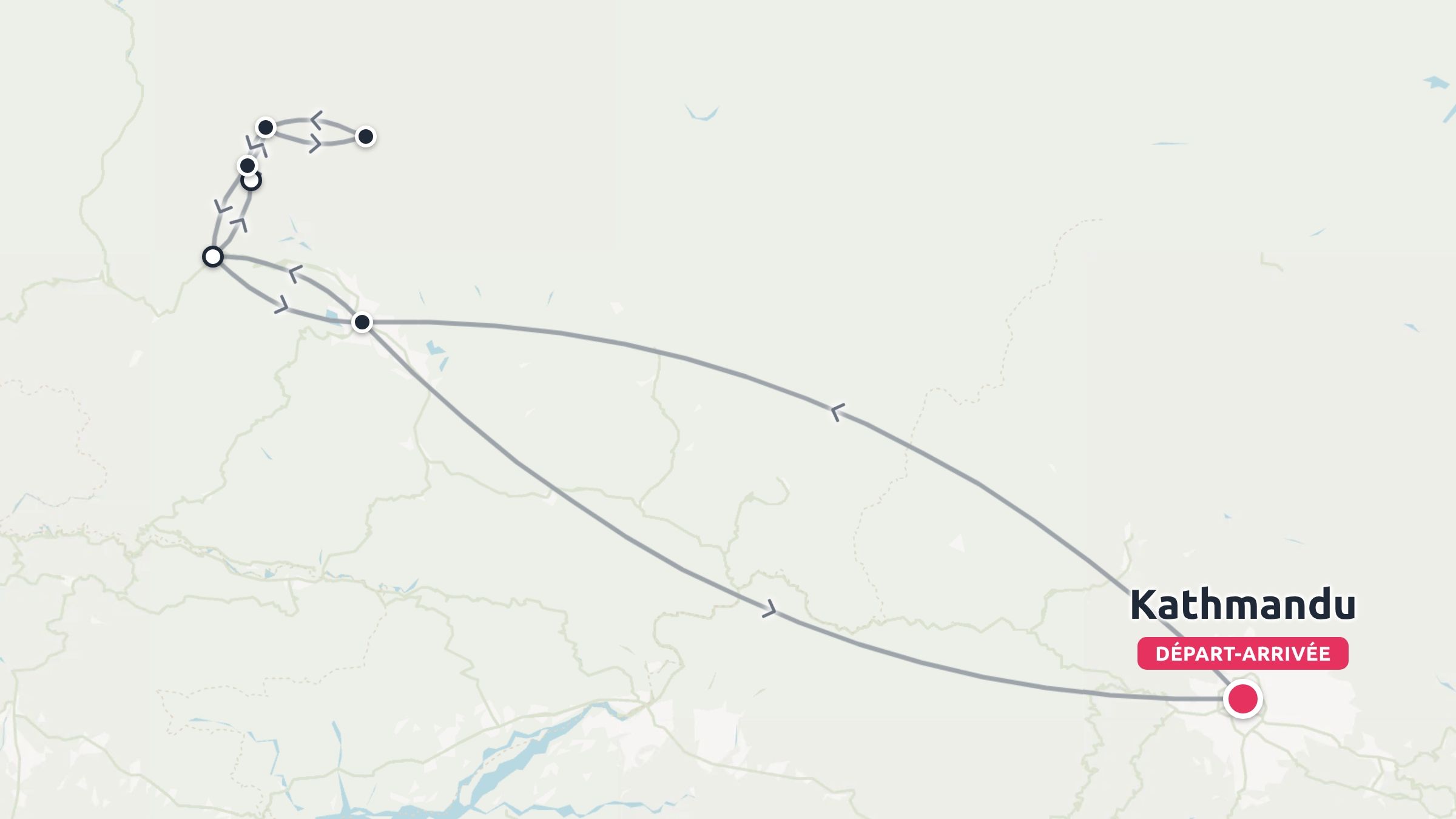Une carte d'itinéraire de voyage montrant une boucle de parcours commençant et se terminant à Katmandou.