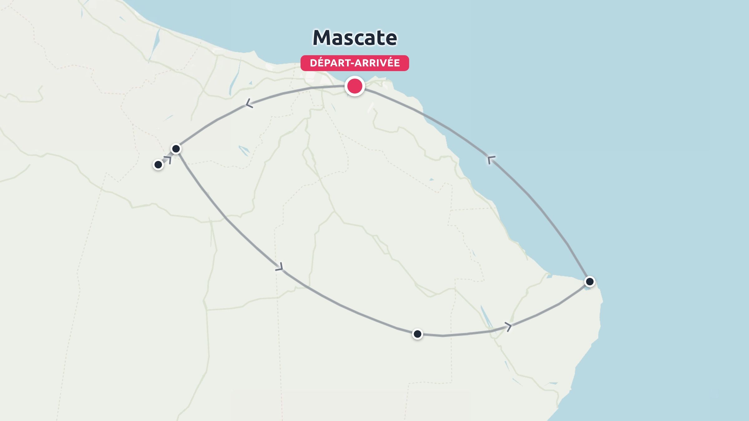 Une carte d'itinéraire de voyage affichant un parcours circulaire commençant et se terminant à Mascate le long de la côte.