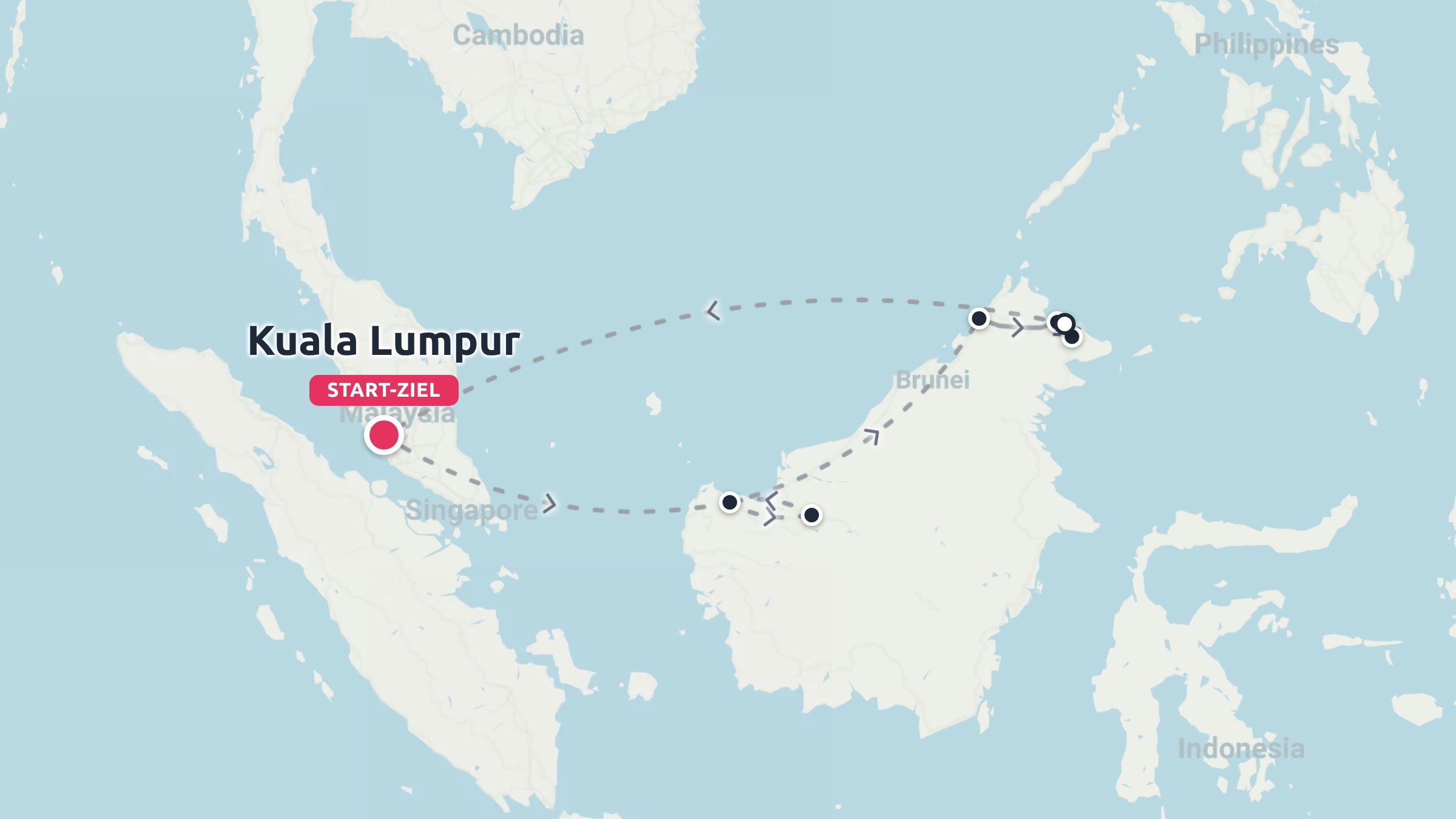 Eine Reiseroute, die eine Rundreise zwischen Kuala Lumpur und Malaysisch-Borneo zeigt.