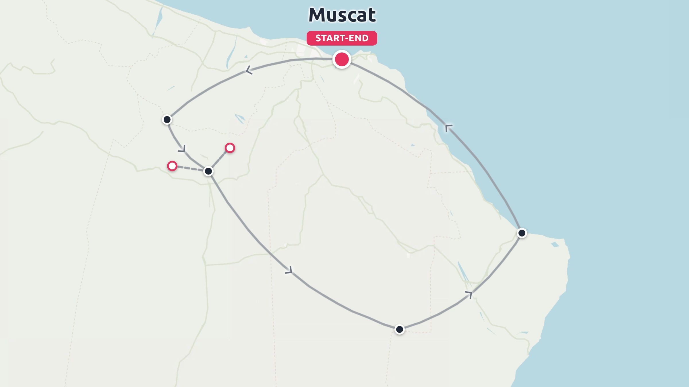 Travel map showing a circular route in Oman starting and ending in Muscat along the coastline and inland areas.