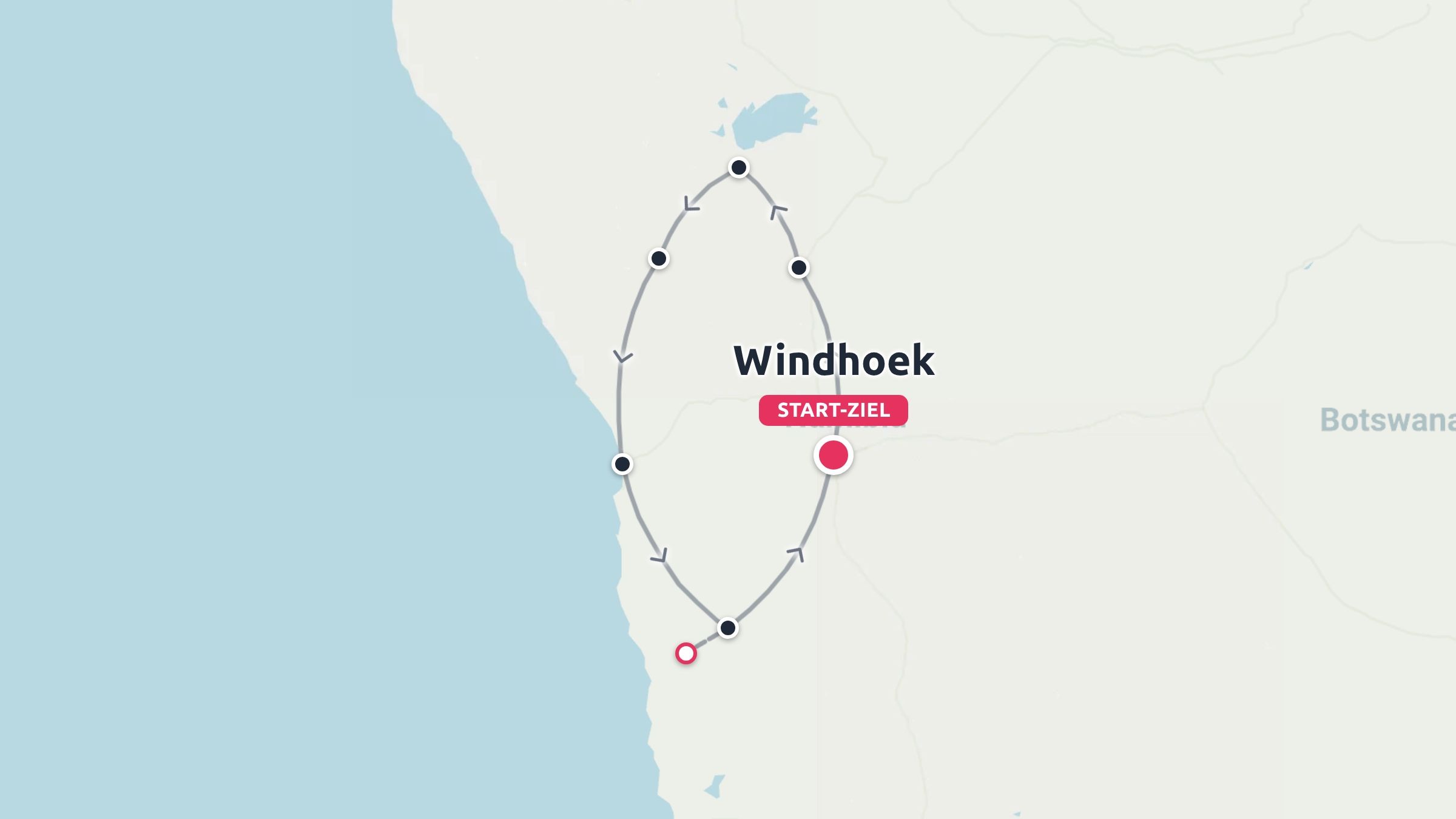 Eine Reiseroute, die eine Rundreise mit Start und Ziel in Windhoek zeigt.