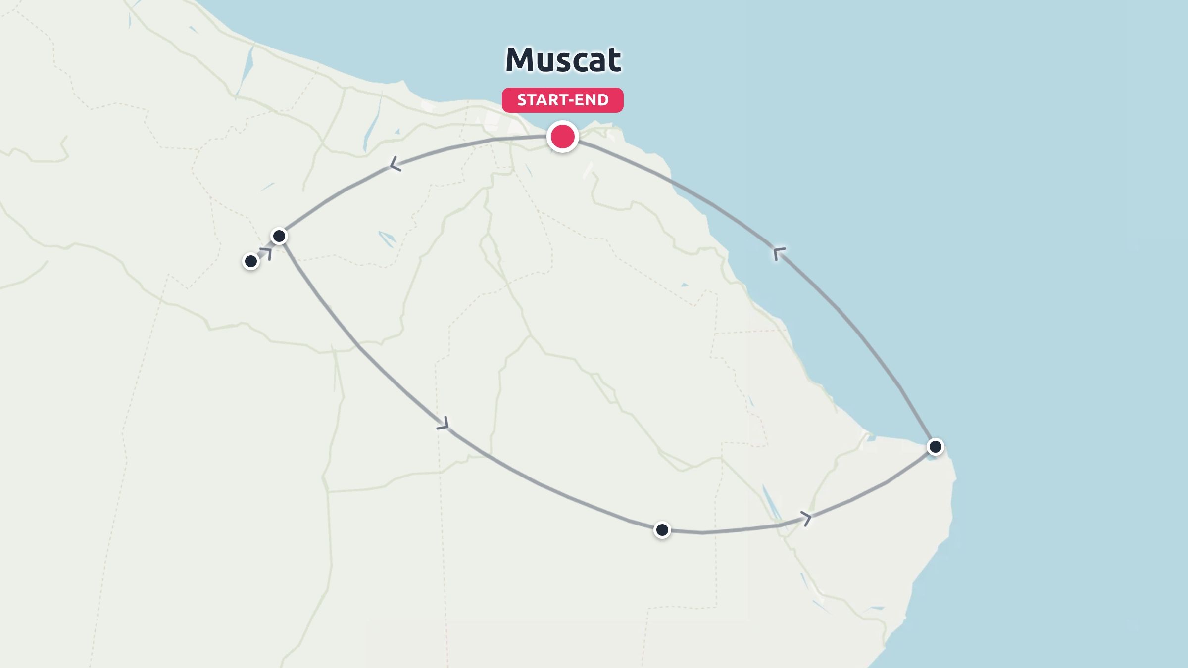 Travel route map outlining a circular itinerary that starts and ends in Muscat with several designated stops.