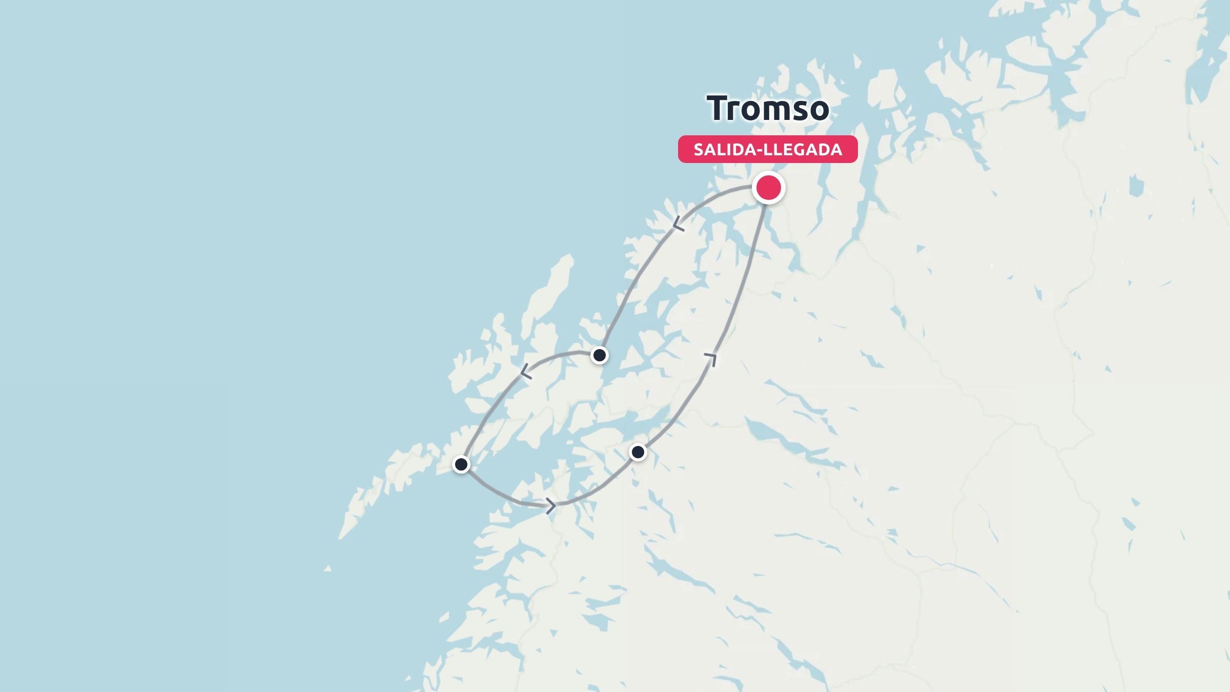 Un mapa de itinerario de viaje que muestra una ruta circular que comienza y termina en Tromso a lo largo de las regiones costeras