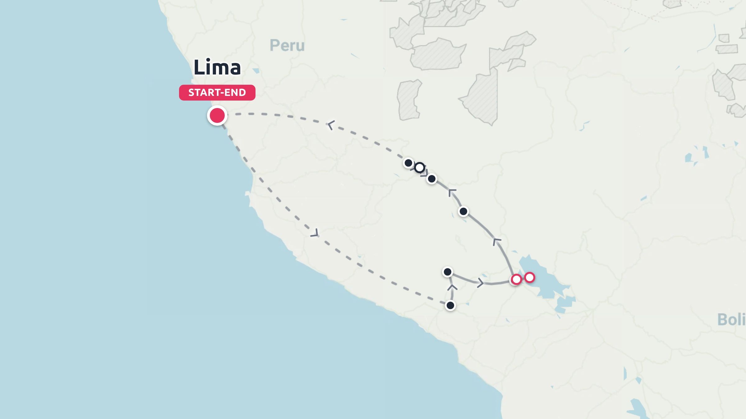 Travel route map of Peru showing a circular journey starting and ending in Lima with several stops indicated.