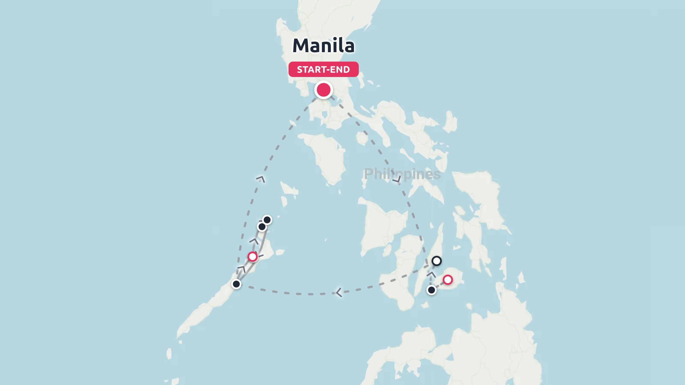 Travel route map of the Philippines showing a circuit itinerary starting and ending in Manila.