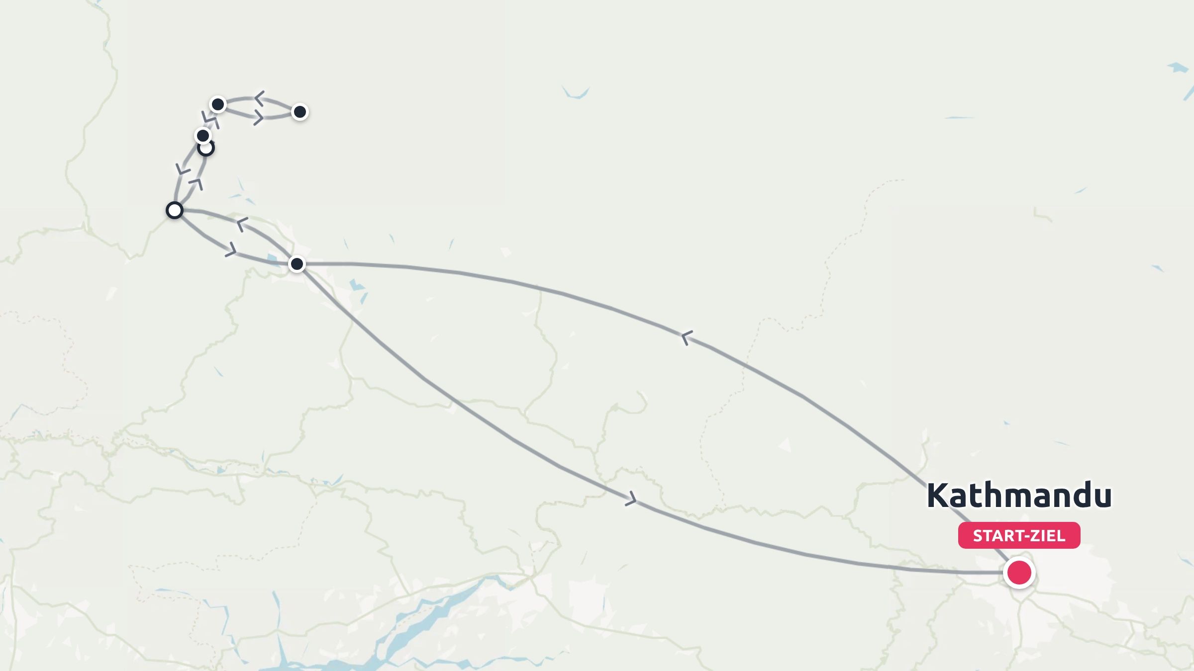 Reiseroute als Karte mit einer Rundstrecke und Richtungspfeilen, die in Kathmandu beginnt und endet.