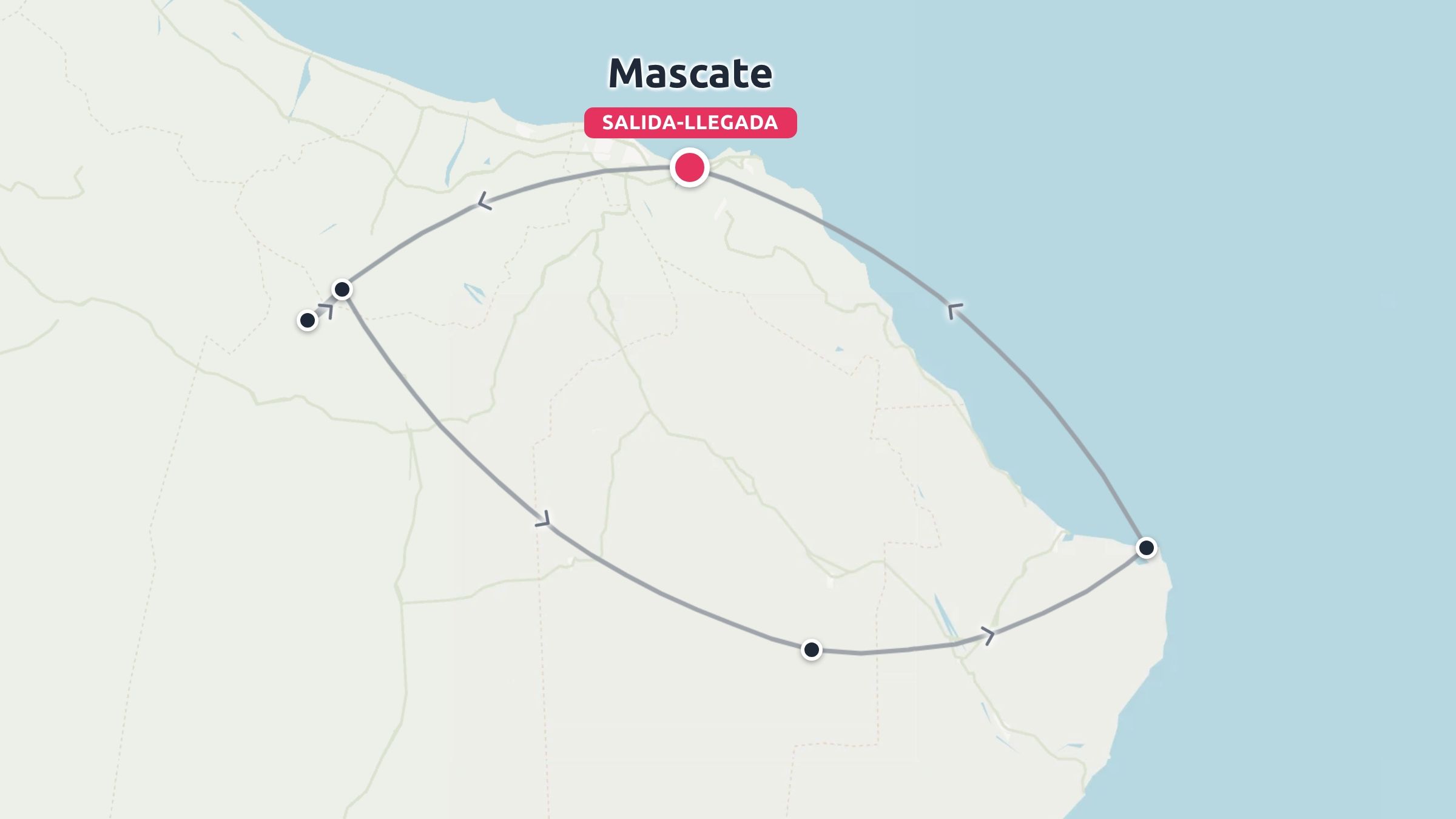 Mapa de viaje que muestra una ruta circular que empieza y termina en Mascate con múltiples paradas marcadas a lo largo de la costa y el interior