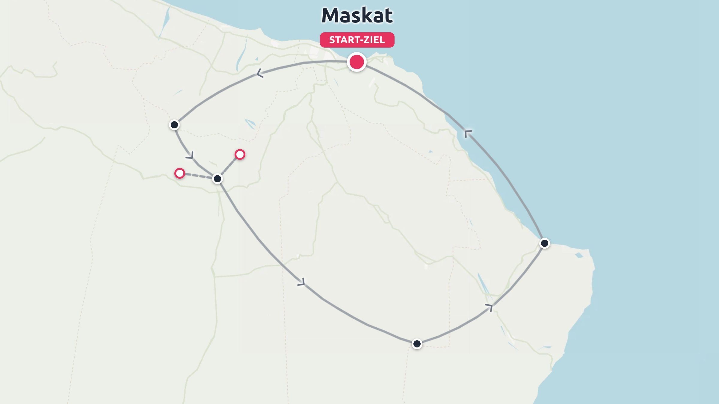 Eine Reisekarte mit einer Rundstrecke, die in Maskat beginnt und endet, mit markierten Haltestellen an der Küste und im Landesinneren.