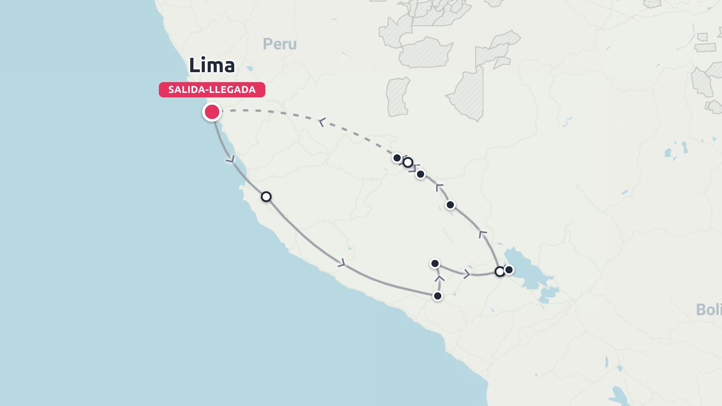 Mapa de ruta de viaje de Perú que muestra un itinerario de circuito que comienza y termina en Lima