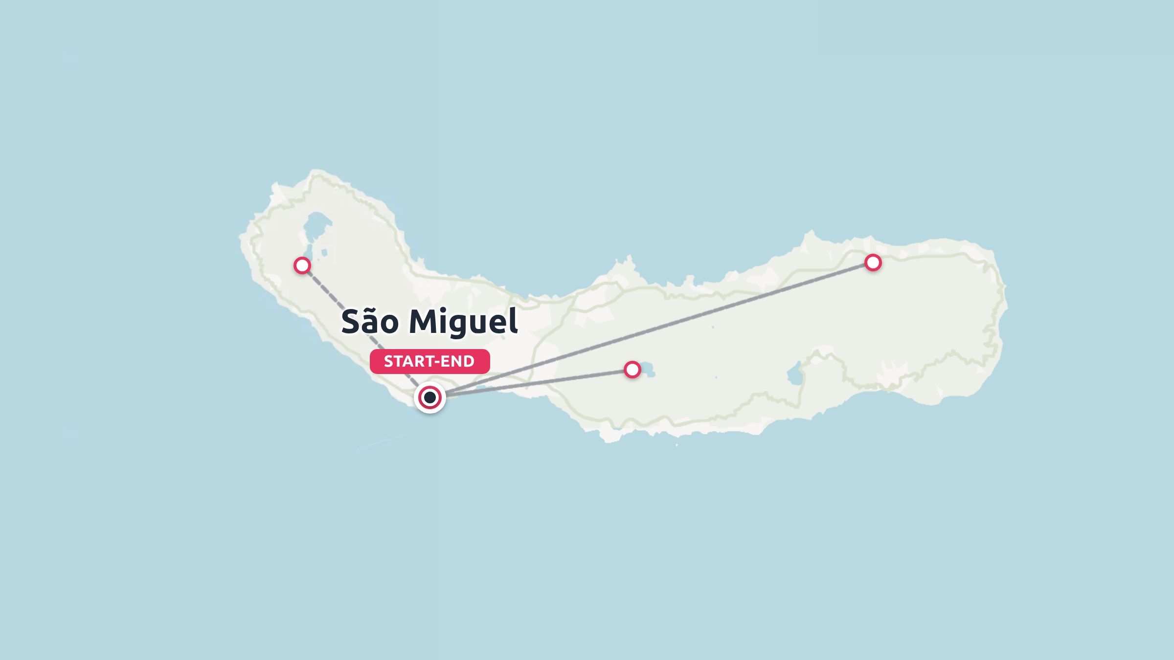 A travel itinerary route map of São Miguel island marked with route lines and stop points over a blue sea background.