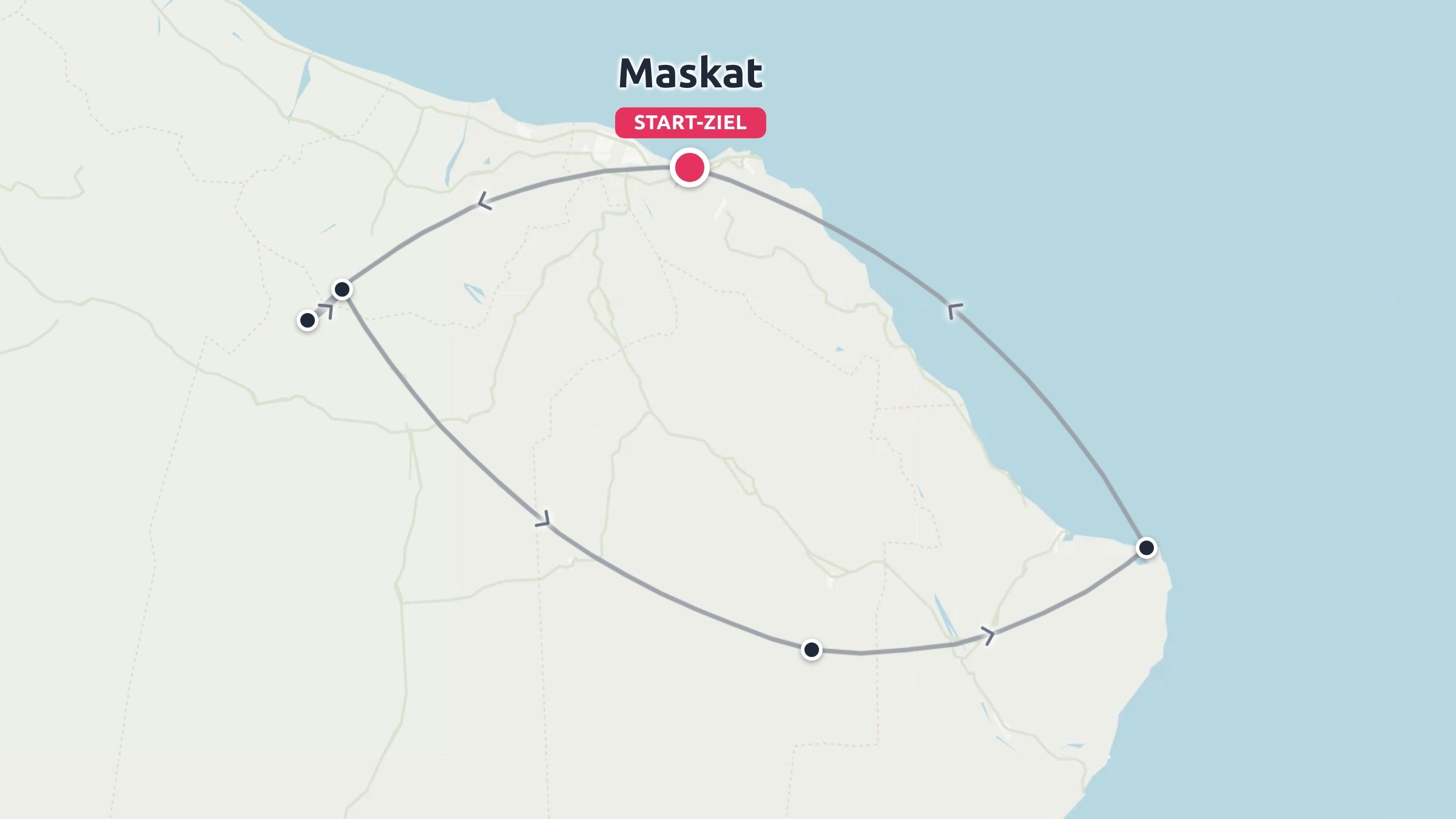 Reiseroute mit einer Rundreise, die in Maskat beginnt und endet und mehrere Zwischenstopps umfasst.