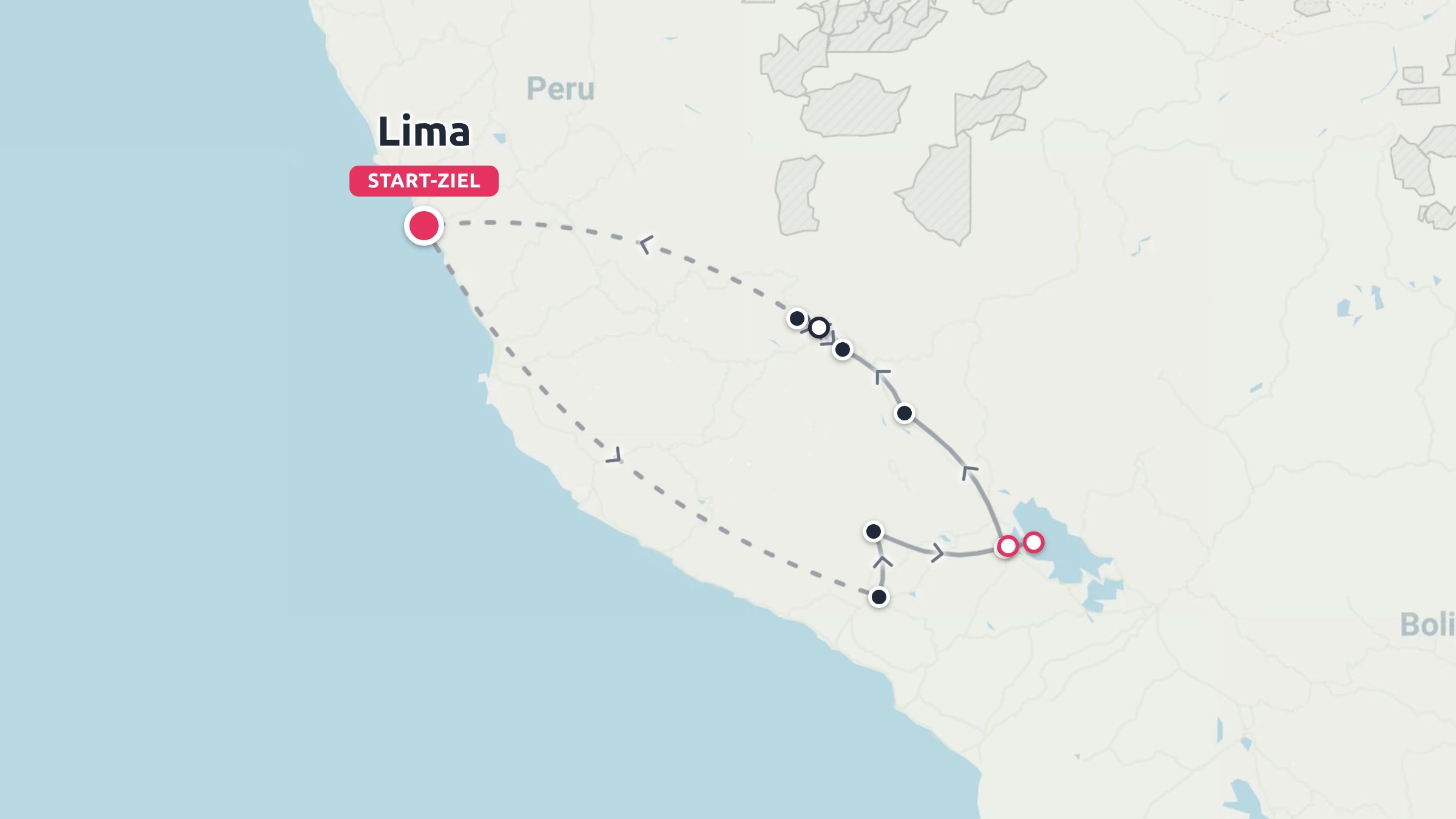 Eine Reiseroute-Karte von Peru, die eine Rundreise mit Start und Ziel in Lima darstellt.