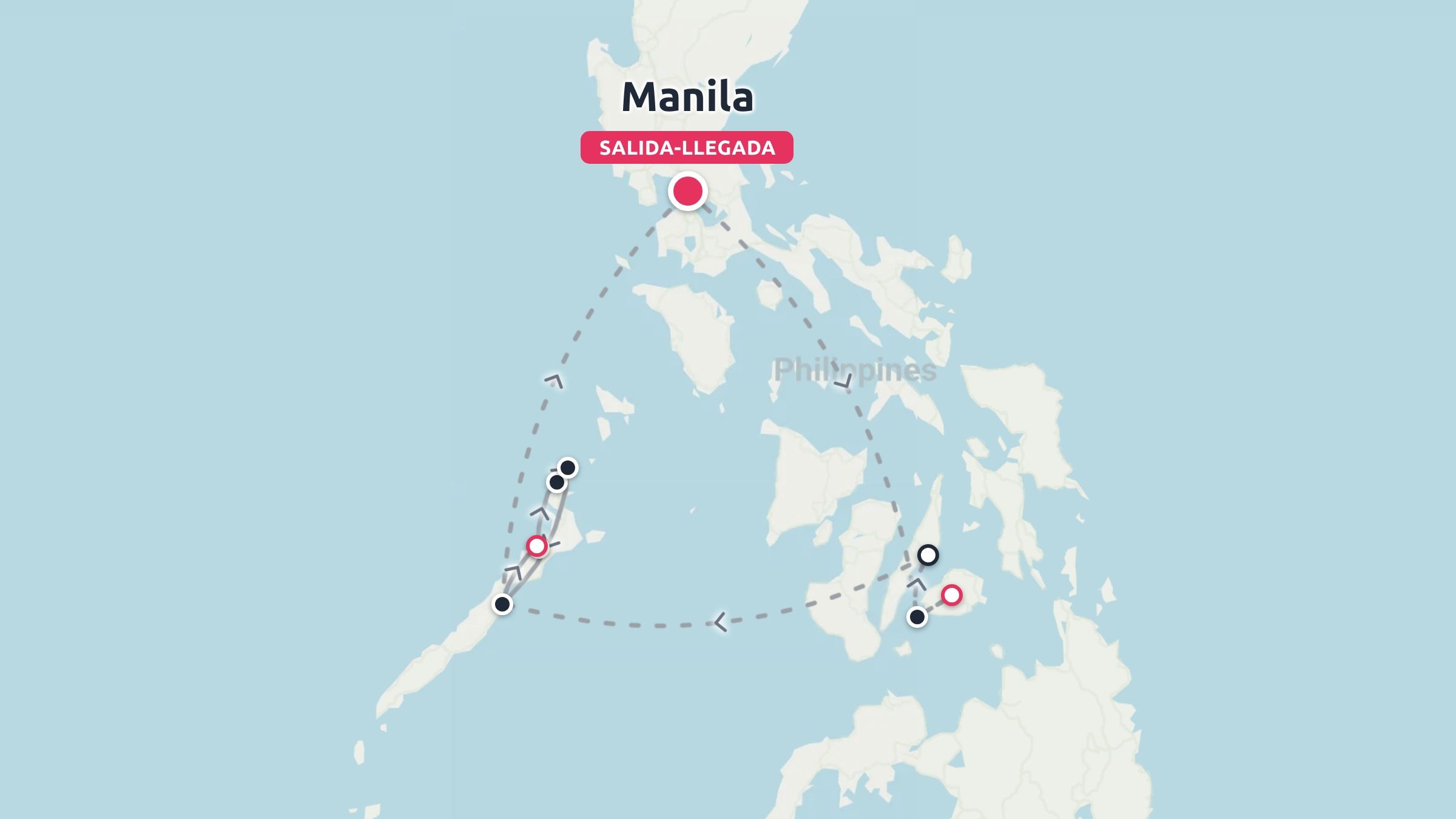 Un mapa de ruta de viaje de Filipinas que muestra un itinerario que comienza y termina en Manila con rutas de viaje punteadas