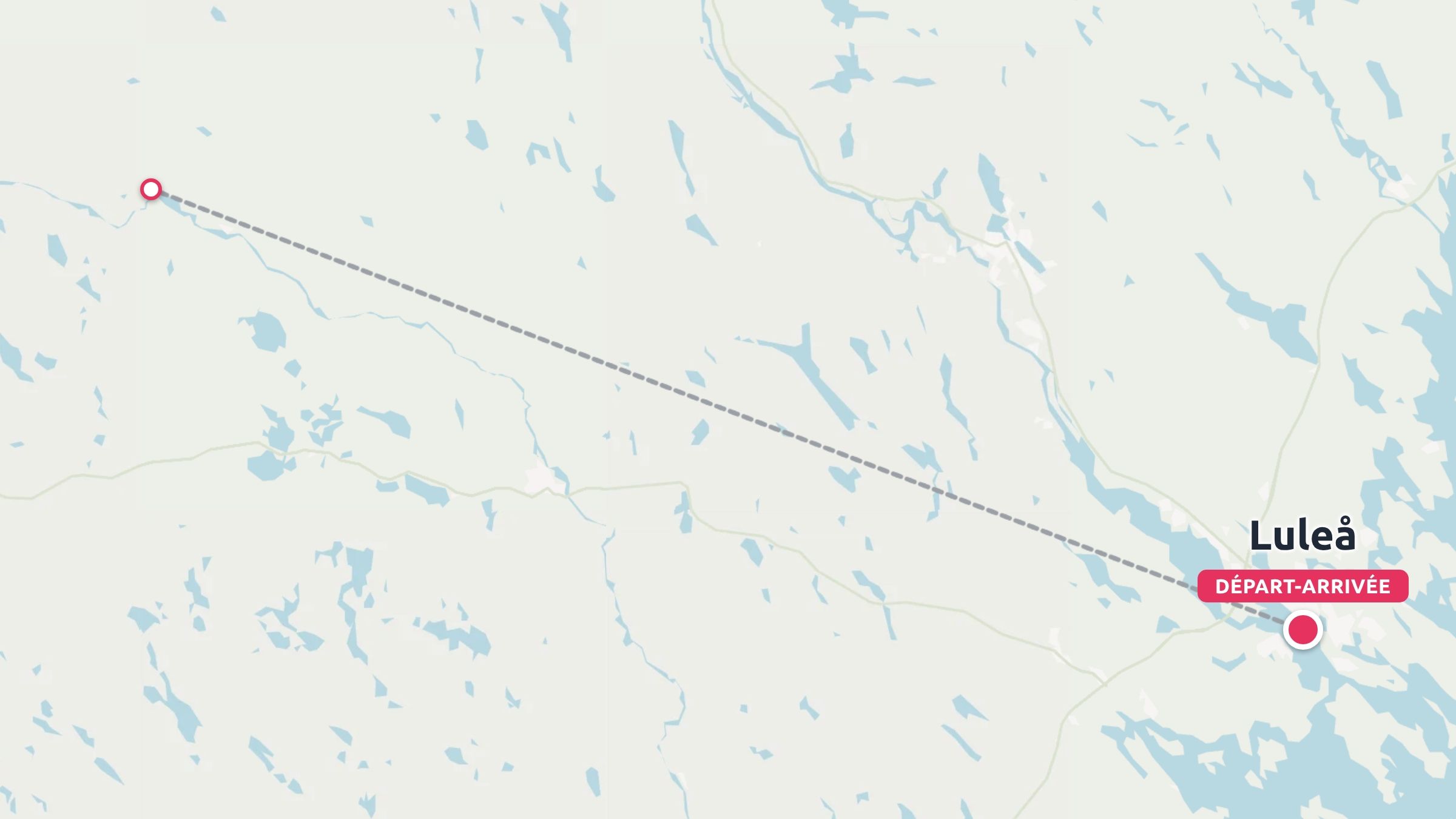 Une carte d'itinéraire de voyage montrant une ligne pointillée partant de Luleå et y revenant.